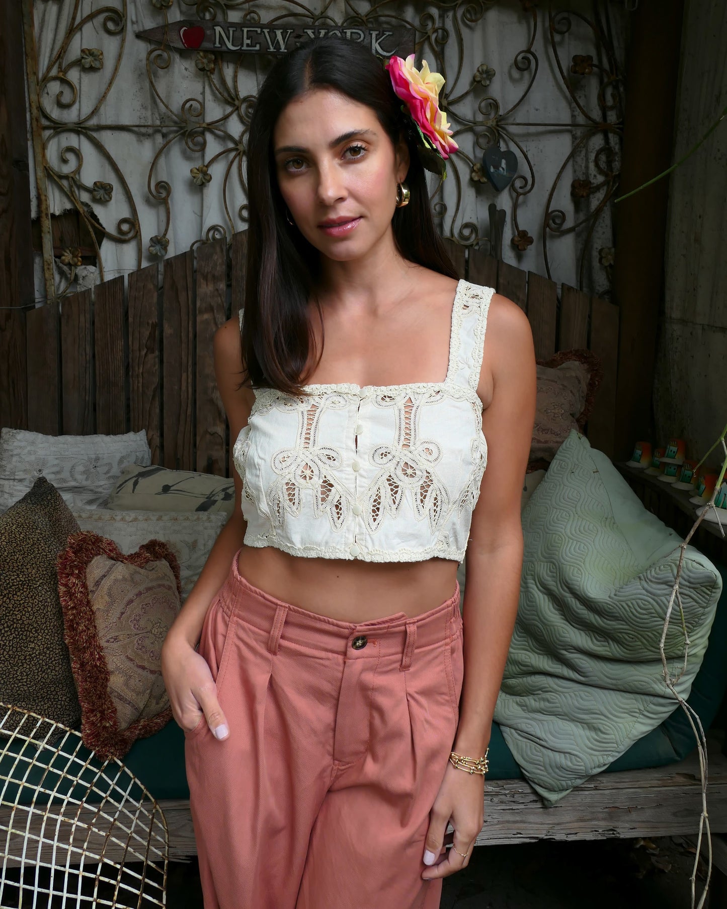 Romantic vintage Battenberg lace meets Boho Chic in this ultra-cute bra top.  Wear it alone with jeans, linen pants, or a skirt, or pair it with our Battenberg lace skirt (buy them as a set in our 2-piece set Collection).  Has secure buttons and hooks in the front to ensure there are no noticeable gaps.  Color: Natural