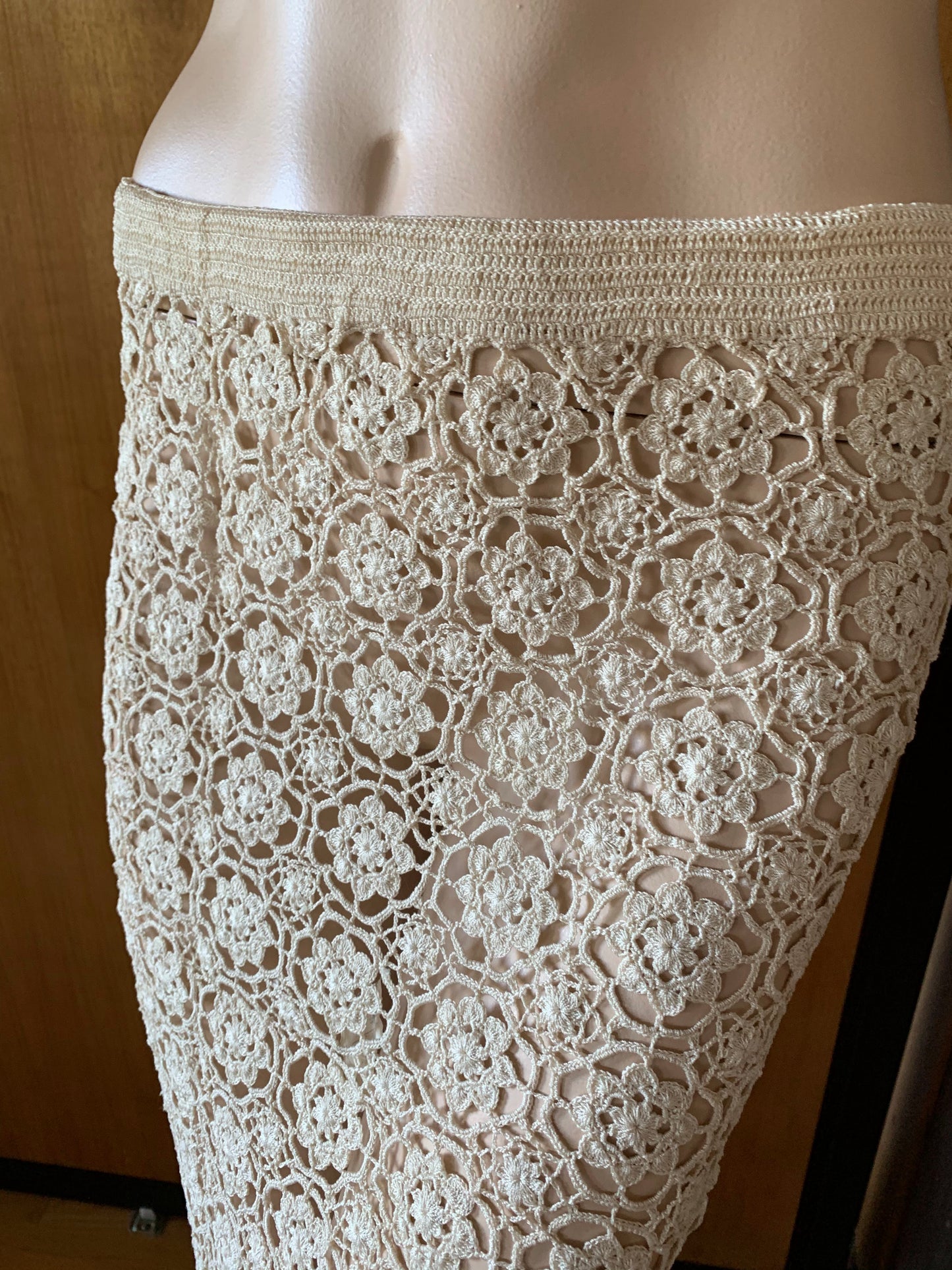 Hand Crocheted Midi Length Chinese Slit Skirt in Color Natural