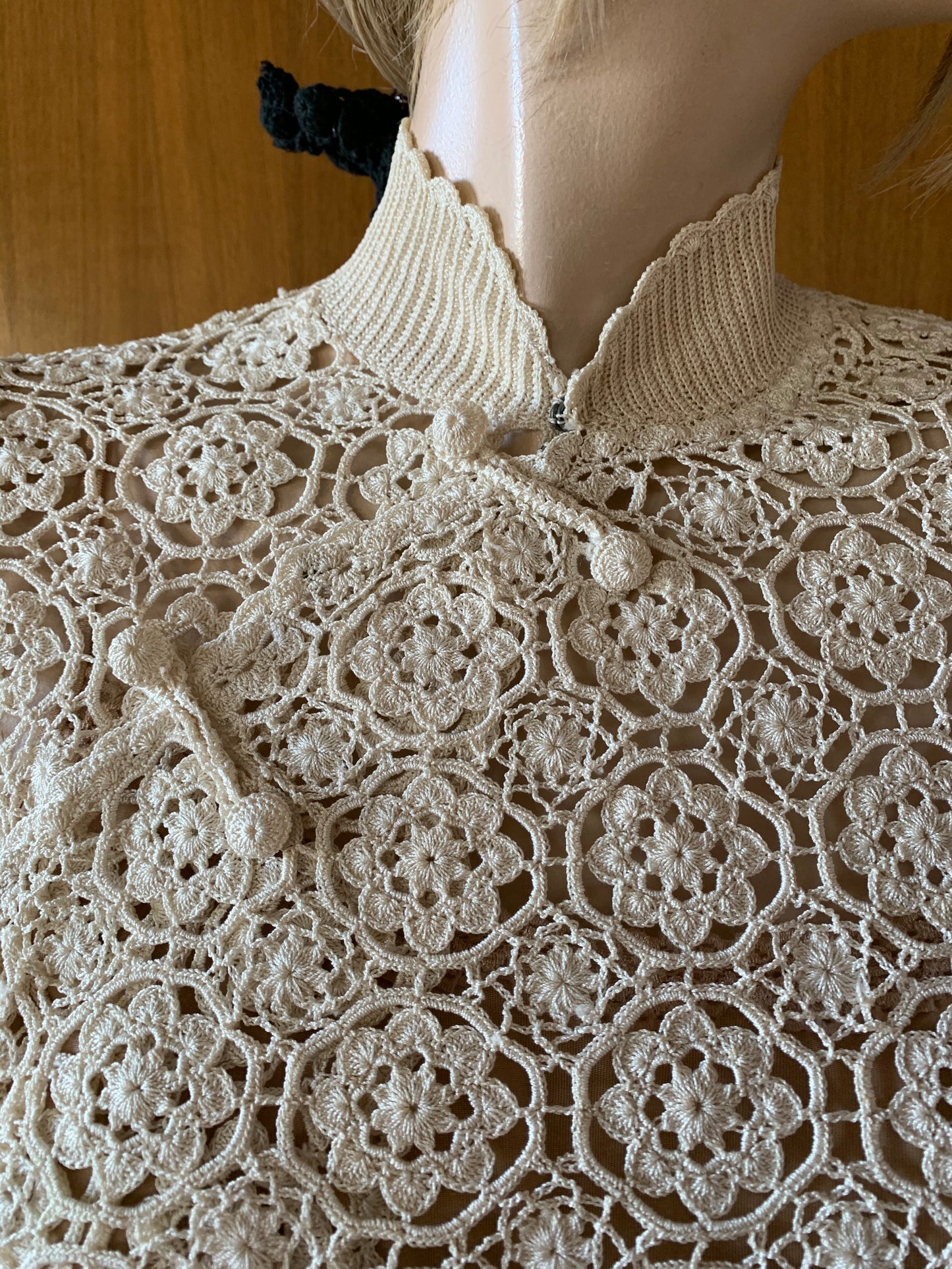 All Hand Crochet Qipao Style Mandarin Collar 3/4 sleeve Top Color Natural, S