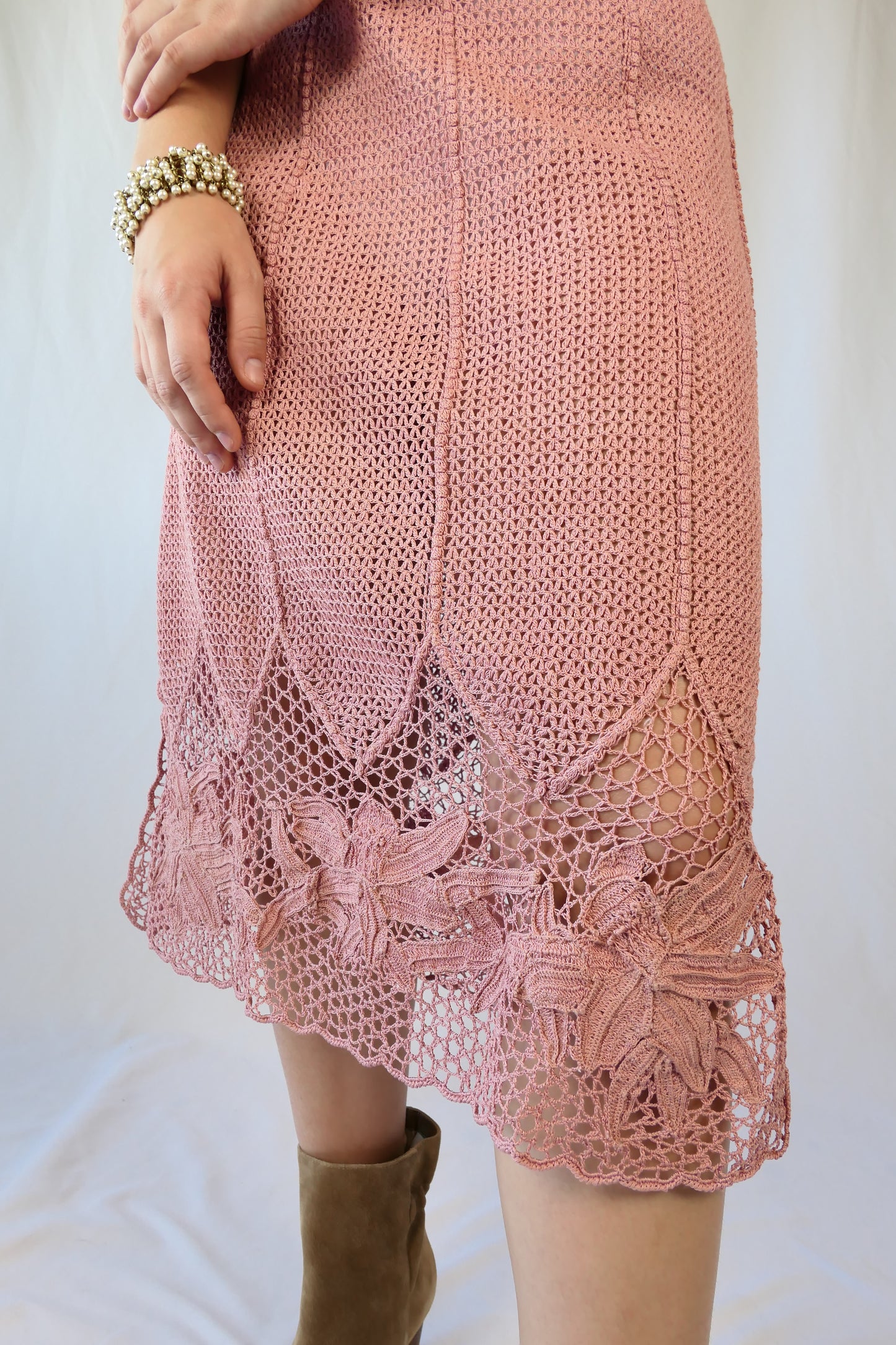 Hand Crocheted Midi Skirt with Lily Flower Motif and Side Slits