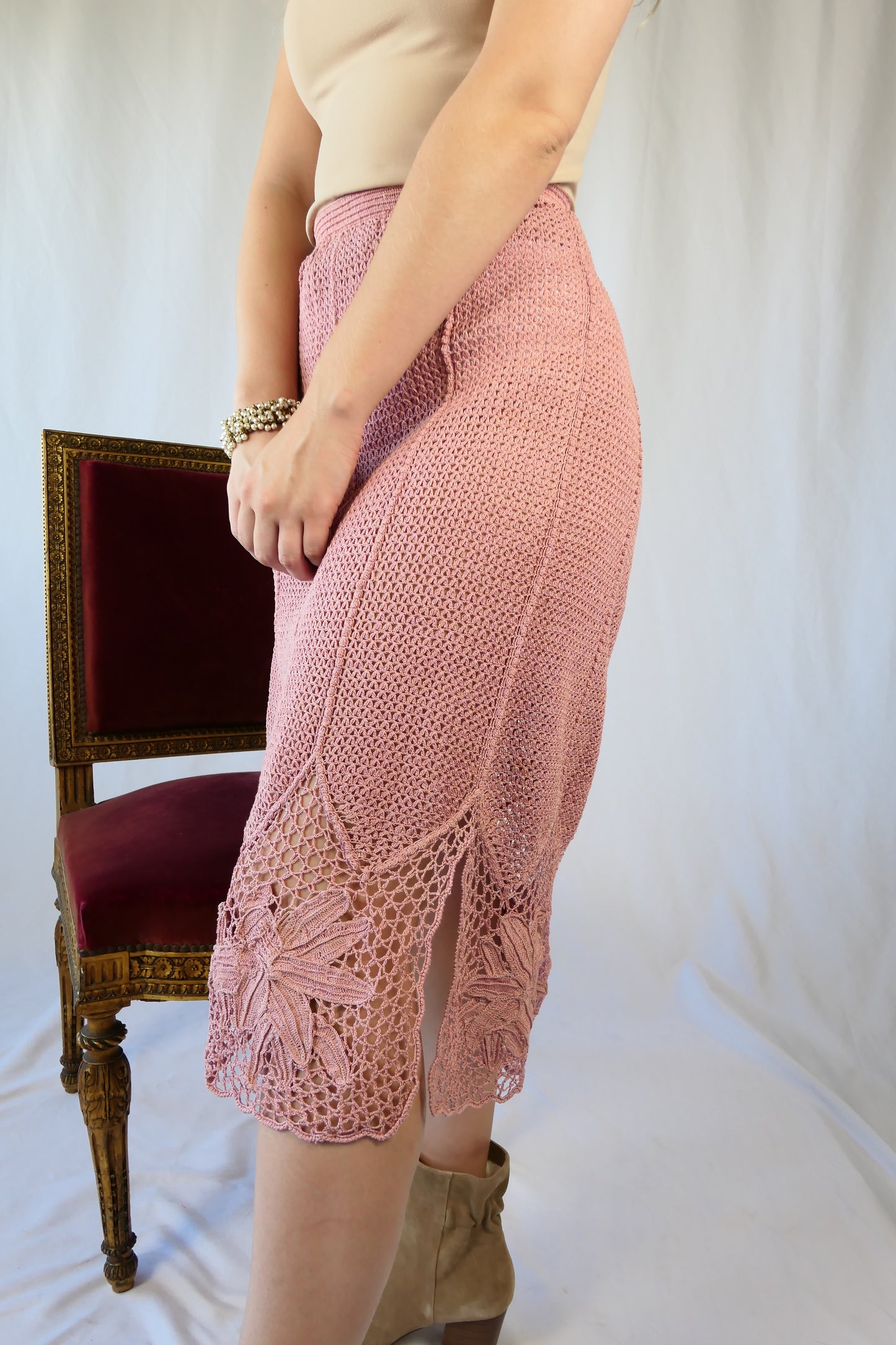 Hand Crocheted Midi Skirt with Lily Flower Motif and Side Slits