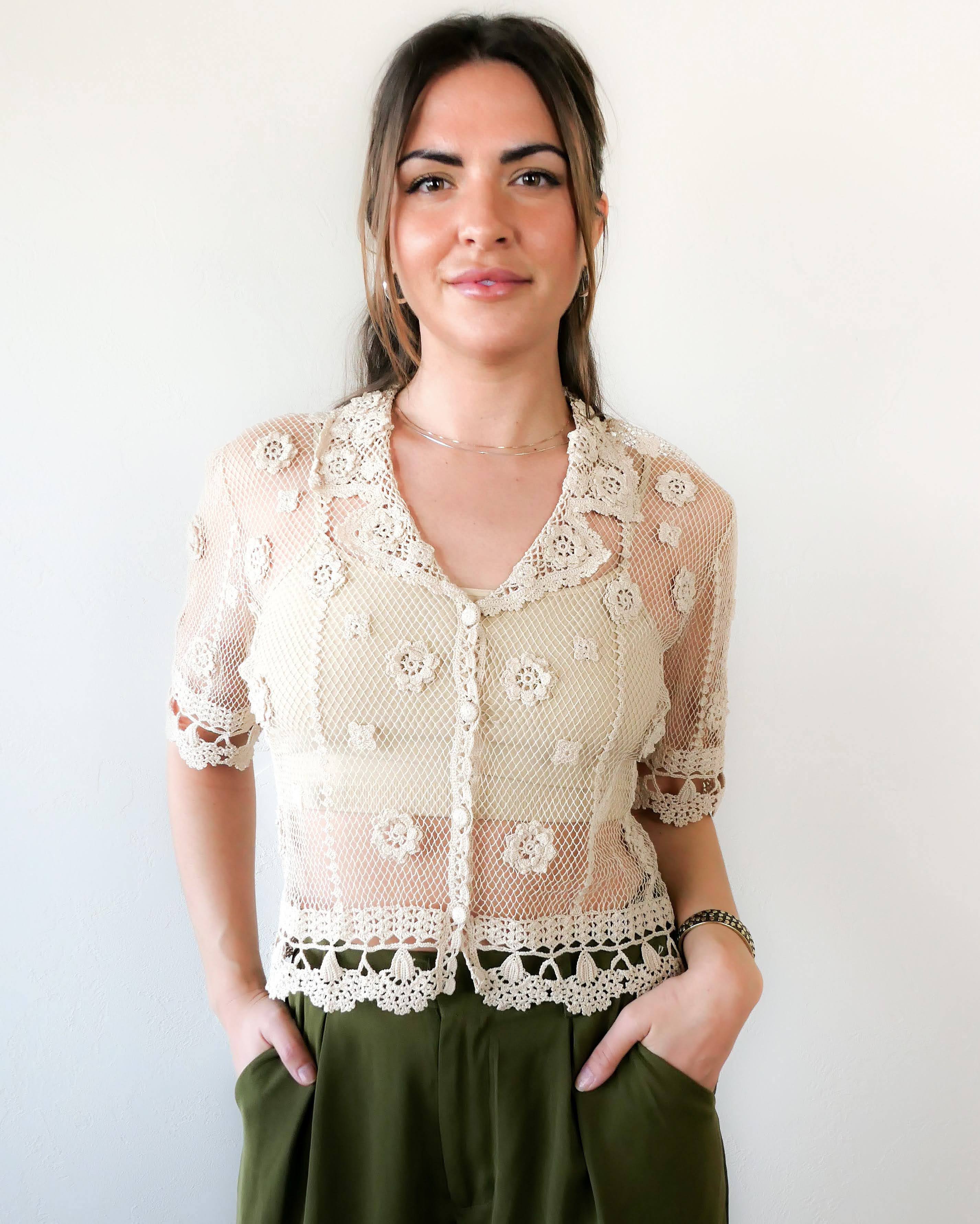 Sheer Crochet Half Sleeve Top with Carnation Motif – Lim's Vintage