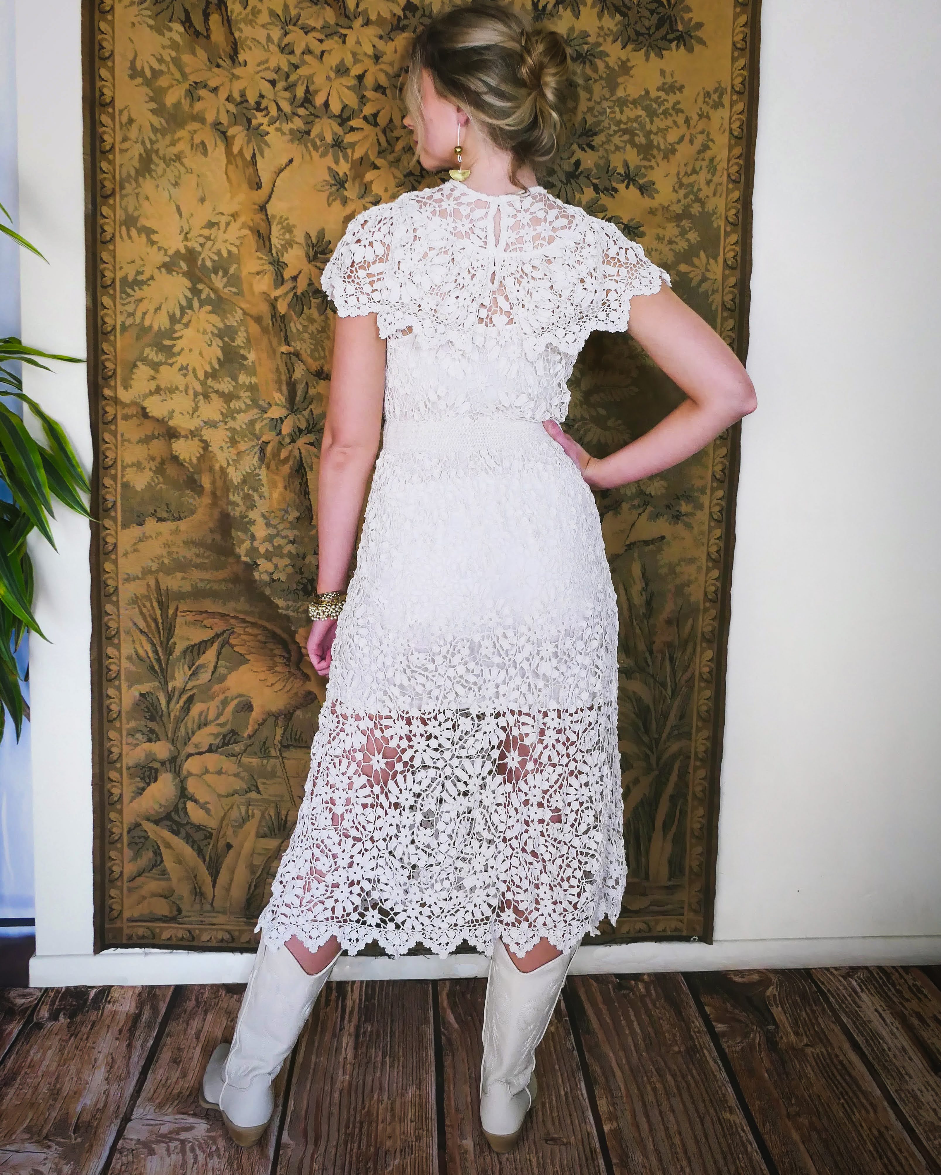 Lim's Vintage Romantic Midi Crochet Dress with Floral and Leaf Motif