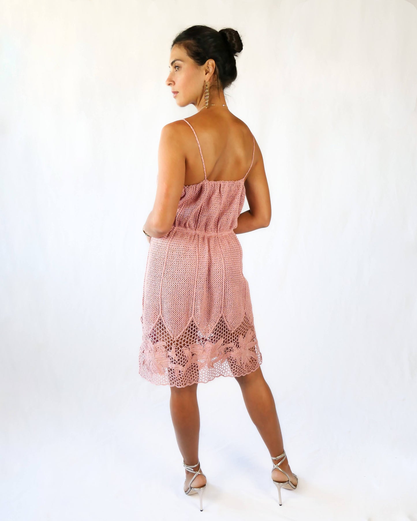 Spaghetti Strap Crochet Dress with Side Slits and Lily Flower Motif Hem