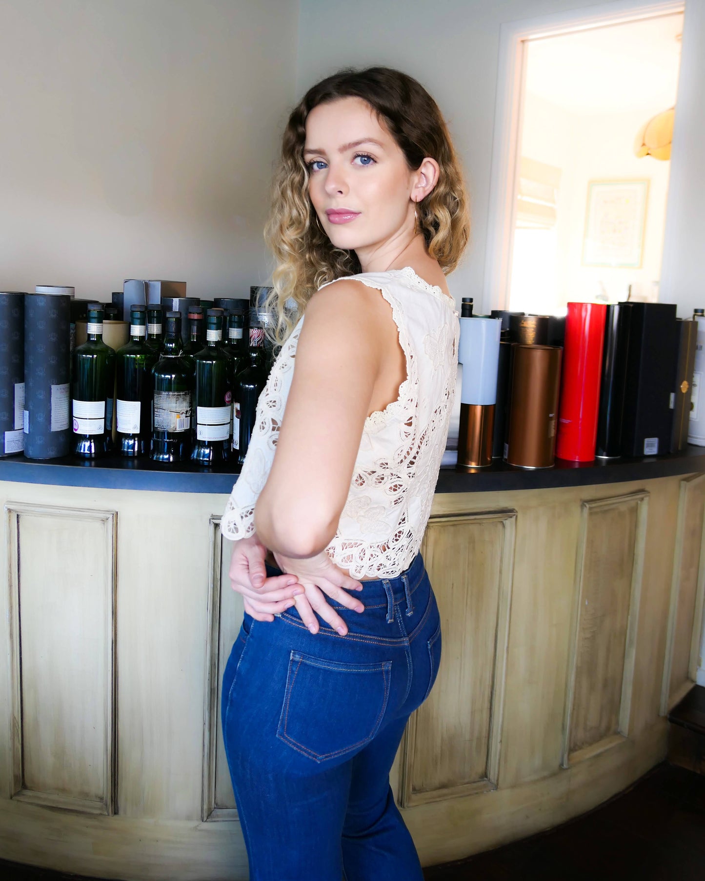 Romantic, boho chic, goes-with-everything crop tank top made with Lim's Vintage embroidered Battenberg lace fabric with a butterfly and floral motif. Goes well with jeans or denim skirt and cowboy boots or sandals.  