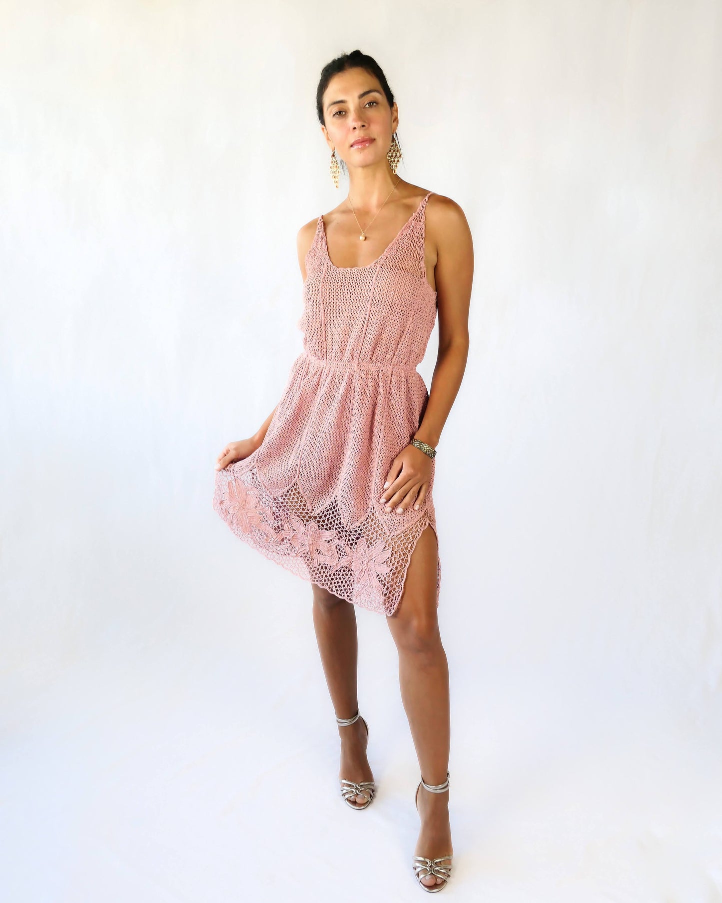 Spaghetti Strap Crochet Dress with Side Slits and Lily Flower Motif Hem