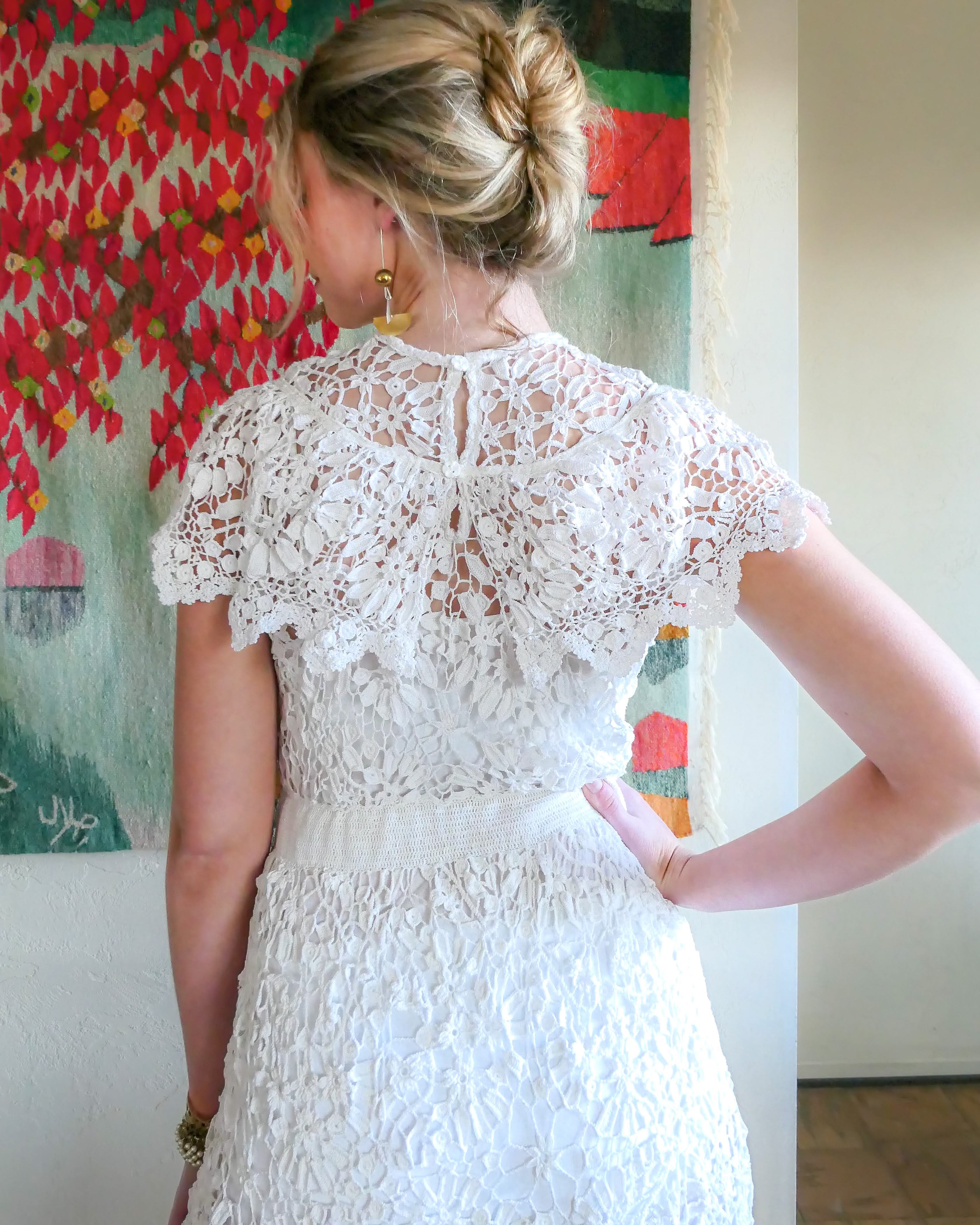 Lim's Vintage Romantic Midi Crochet Dress with Floral and Leaf Motif