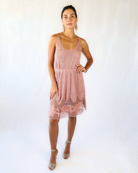 Spaghetti Strap Crochet Dress with Side Slits and Lily Flower Motif Hem