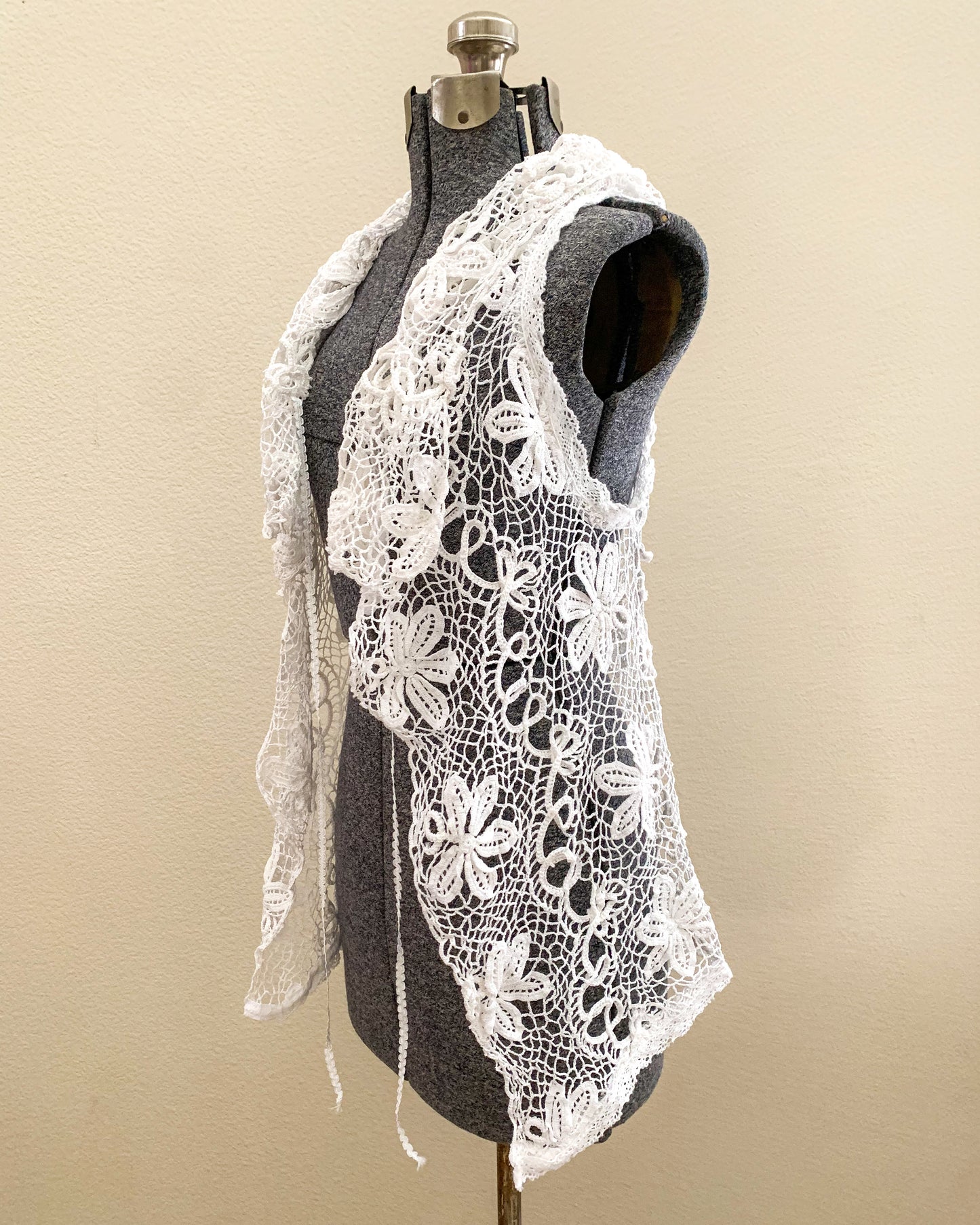 Hand Crocheted Long Coverup Vest with Black and White Daisy Motif