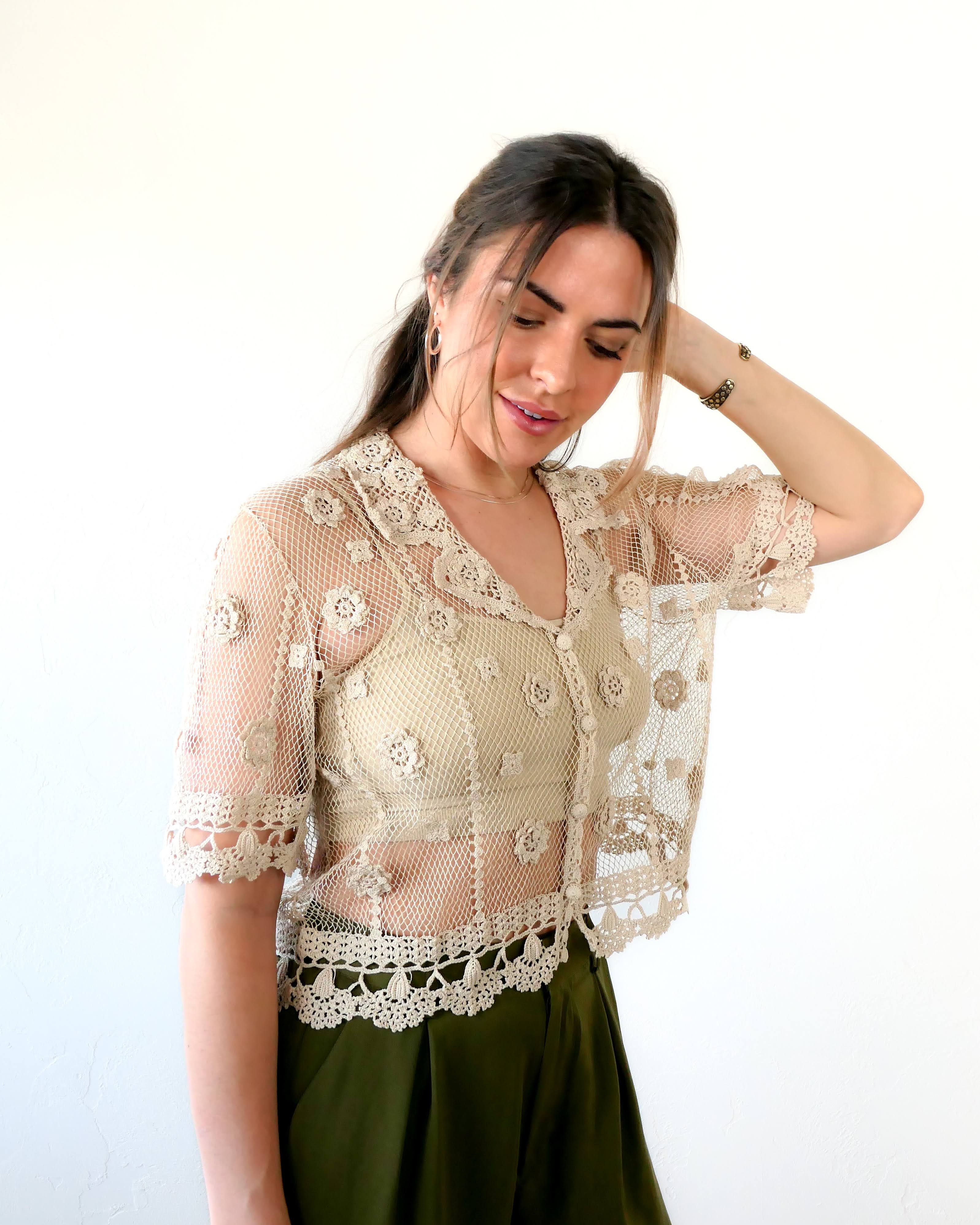 Sheer Crochet Half Sleeve Top with Carnation Motif – Lim's Vintage