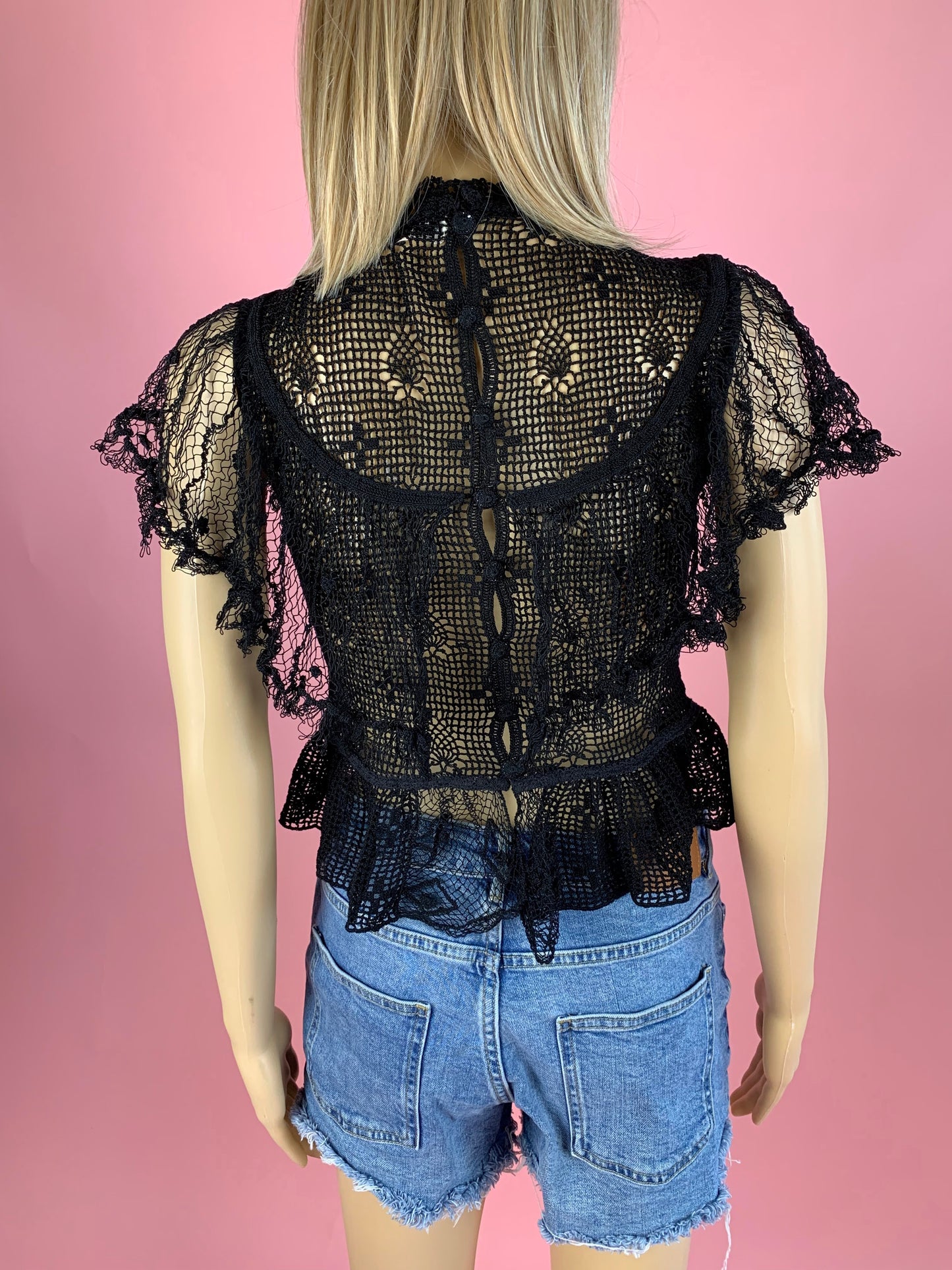 Hand Crocheted Ruffled Victorian Top with Short Sleeves