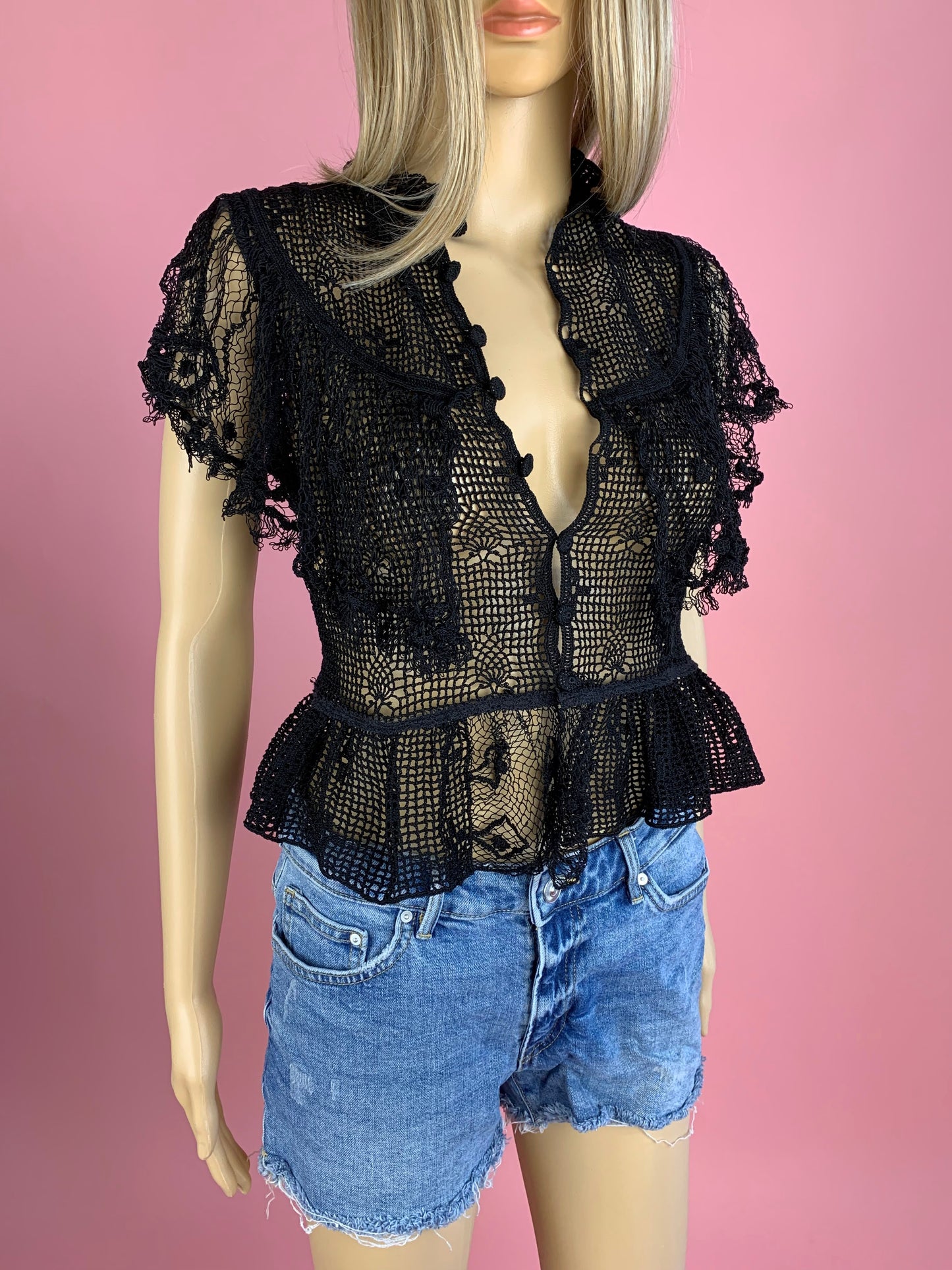 Hand Crocheted Ruffled Victorian Top with Short Sleeves