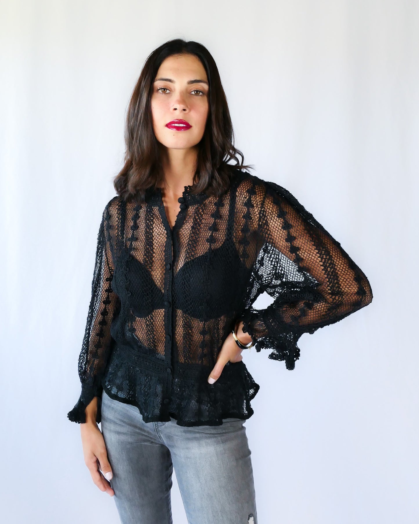 Hand Crocheted Long Sleeve Top with Fitted Waist and Ruffle at Sleeves and Hem