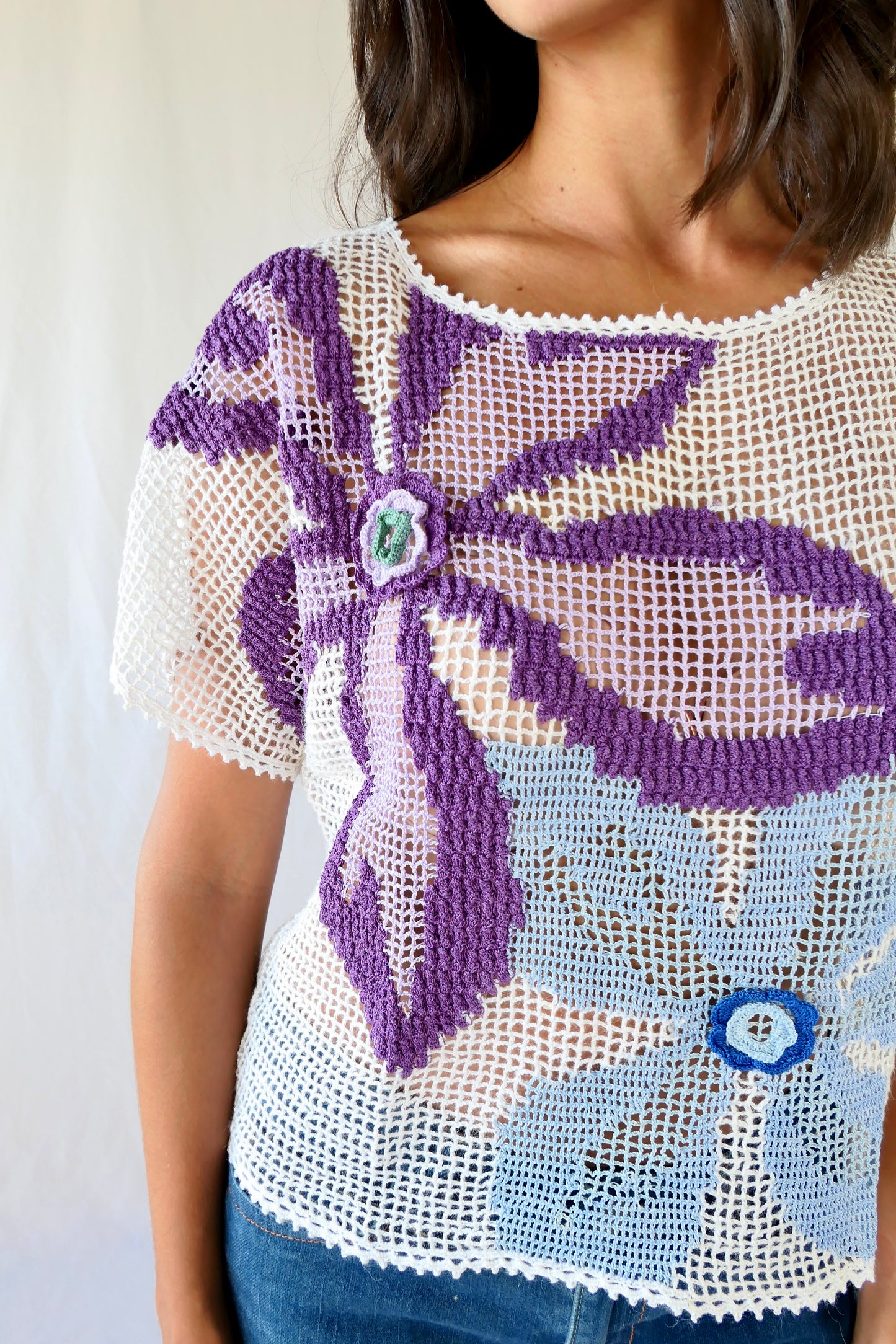 Hand Crocheted Capsleeve Top with Blue and Purple Flowers