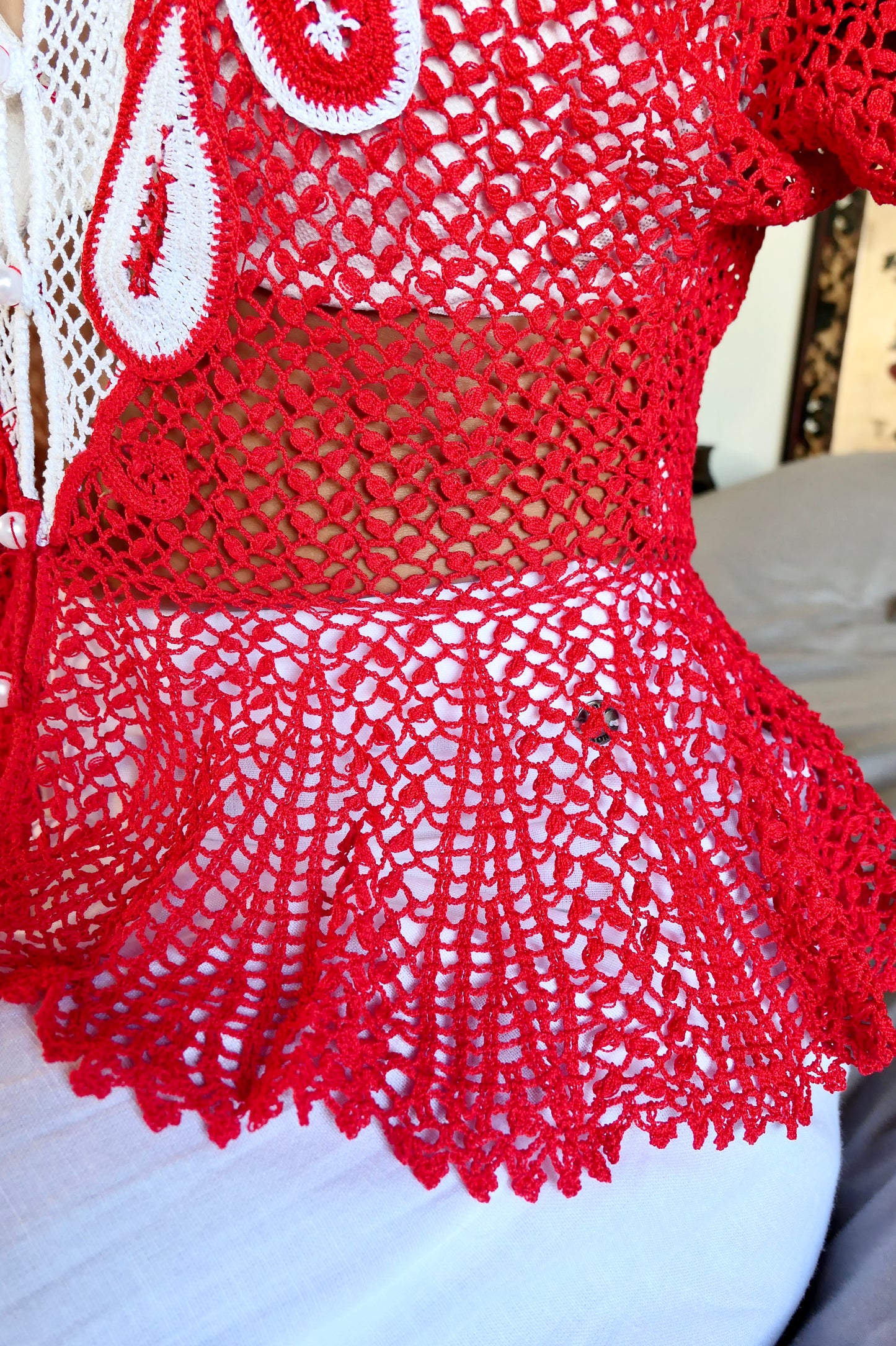 Red and White Hand Crocheted Festive Top with Faux Pearl Buttons