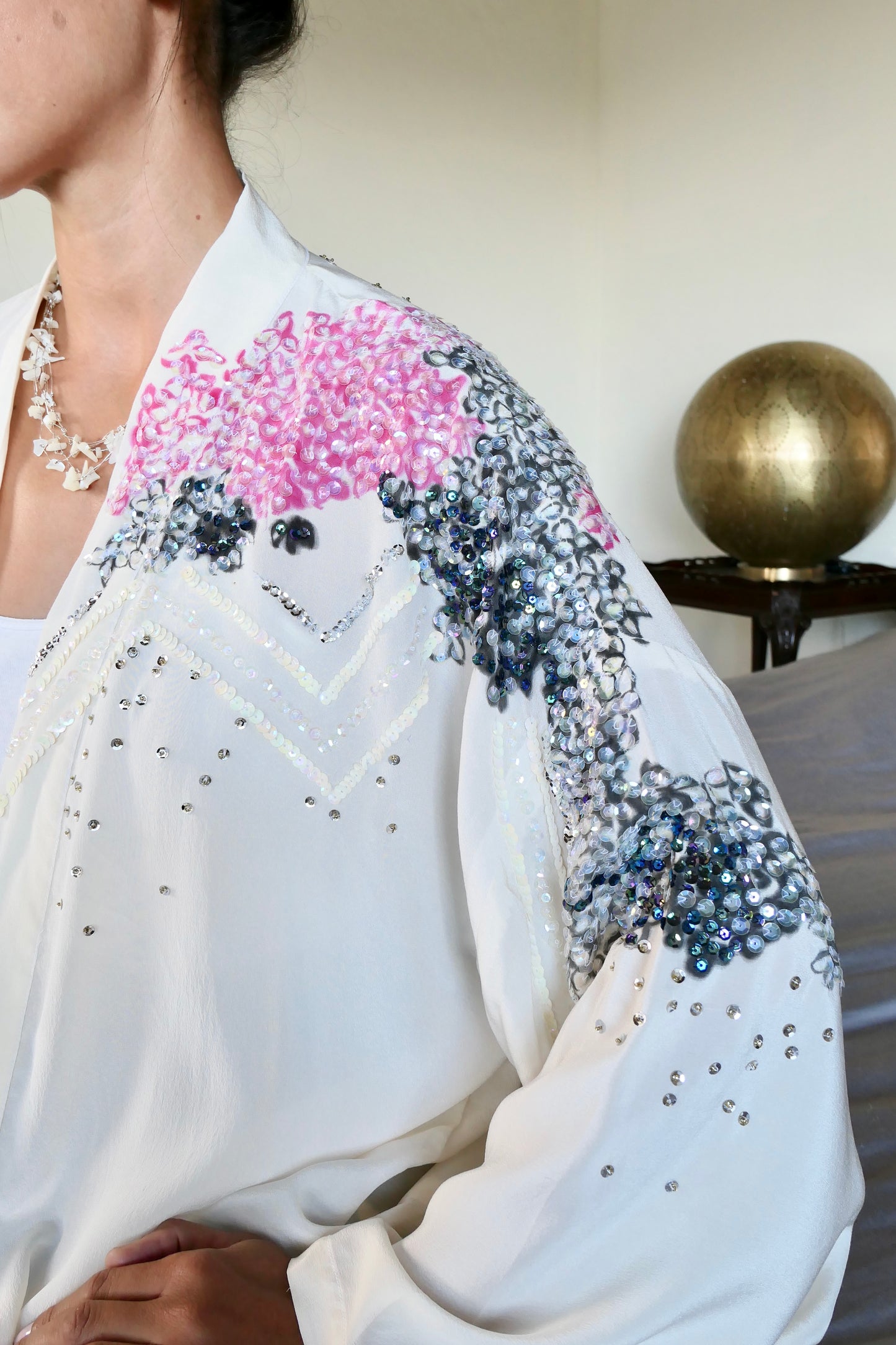 Silk Oversized Kimono Jacket with Hand Painted Pink Flowers and Irridescent Sequins