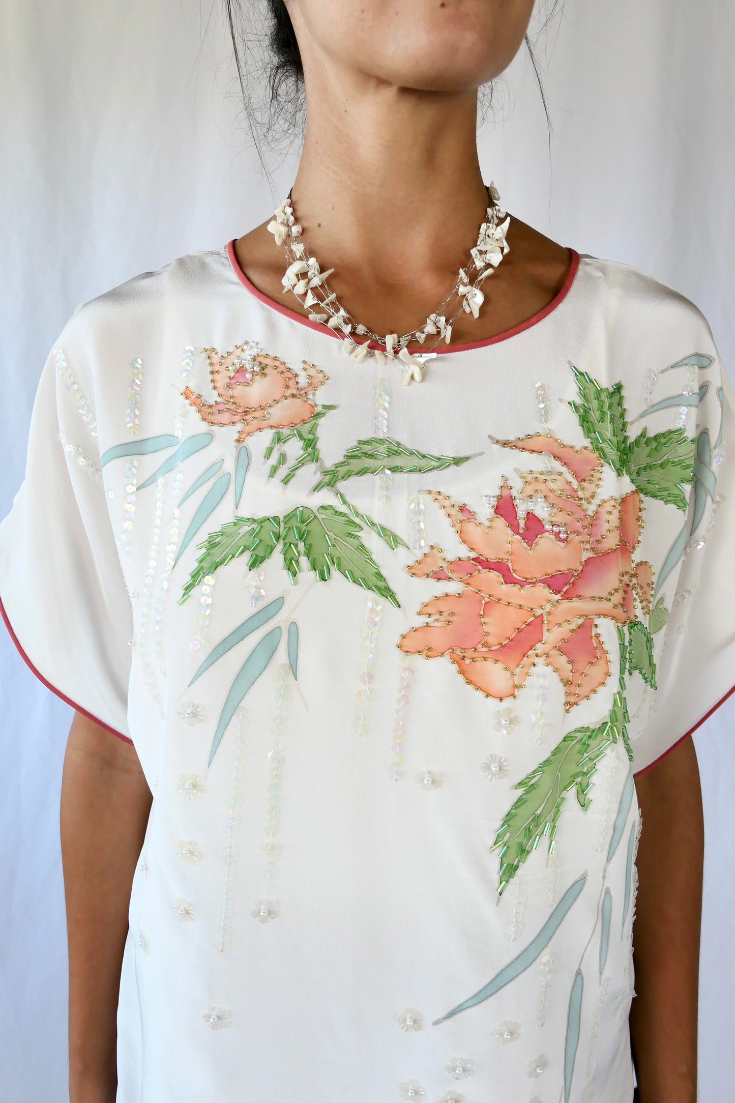 Silk Oversized Pajama Top with Peach Peony Flowers and Sequins