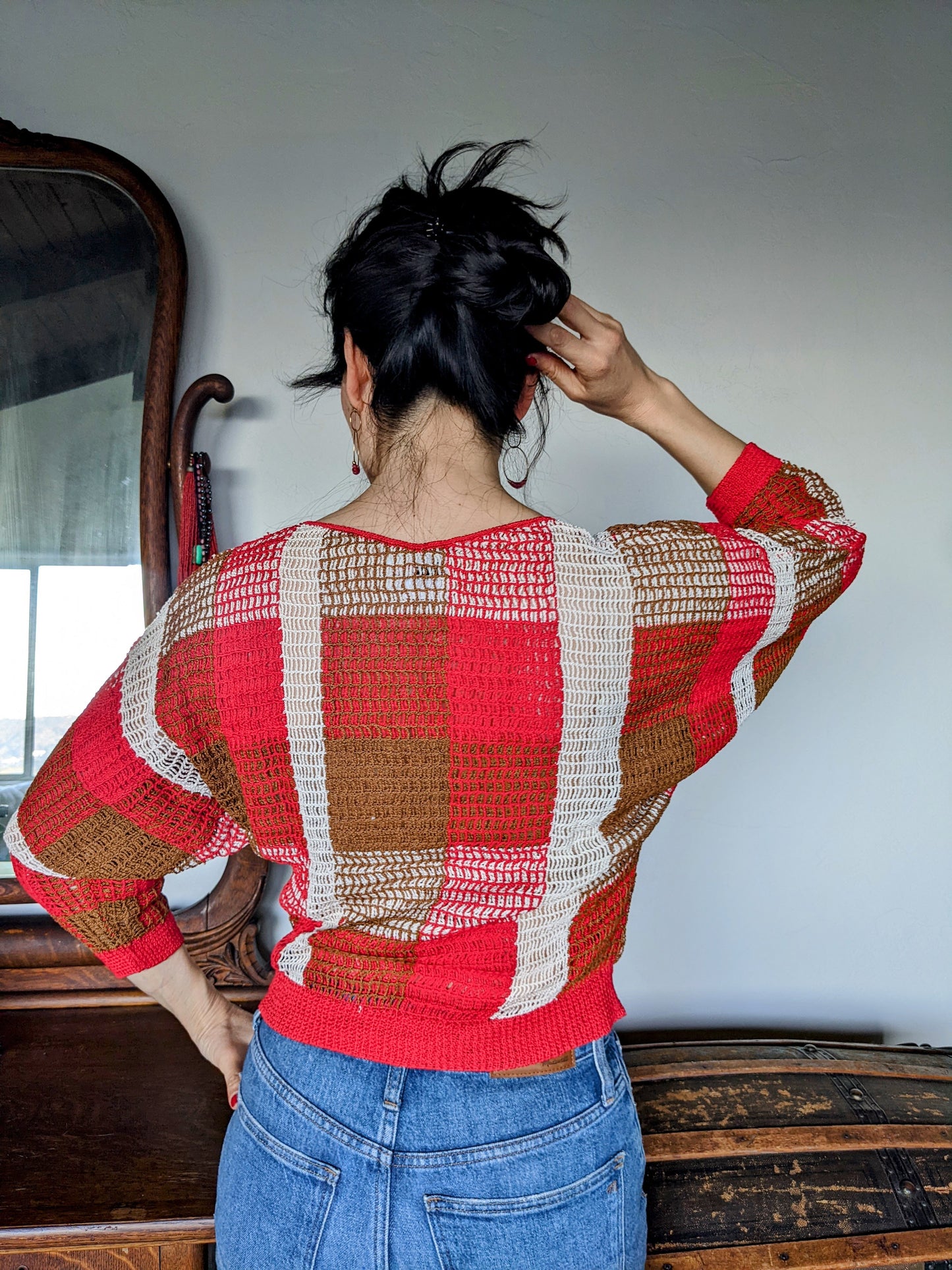 Hand Crocheted Plaid Print V-Neck Sweater in Fall Tones