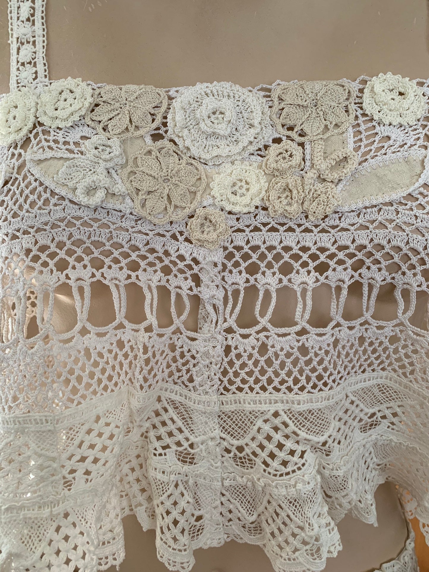 Hand Crochet, Lace, and Raw Silk Floral and Leaf Motif Cover-Up, Top and Mini Skirt Set