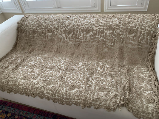 Lim's Vintage All Hand Crochet Throw Blanket 84" x 46" Rectangular Shape, Color Taupe
