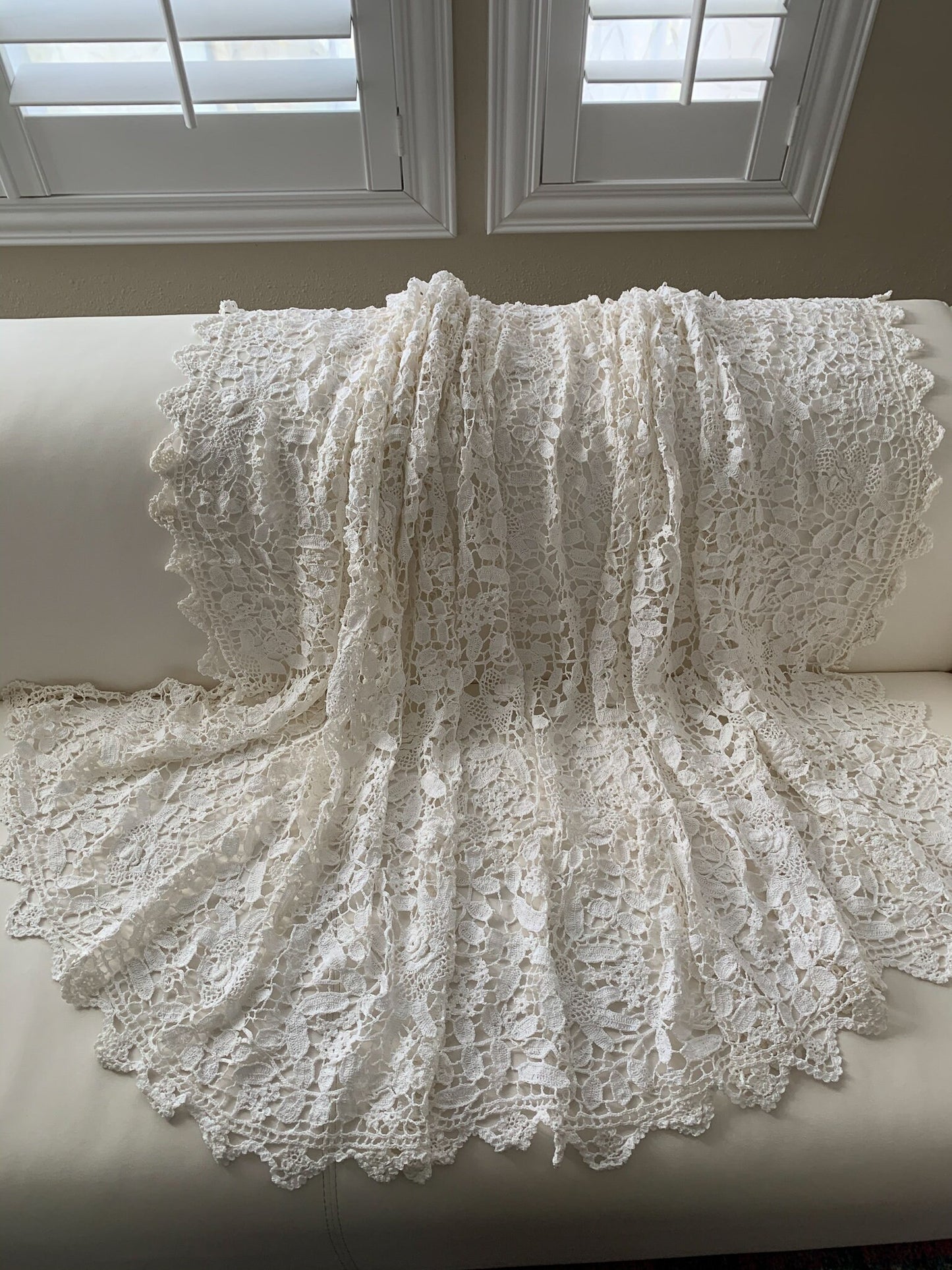 Lim's Vintage All Hand Crochet Throw Blanket 84" x 46" Rectangular Shape, Color White