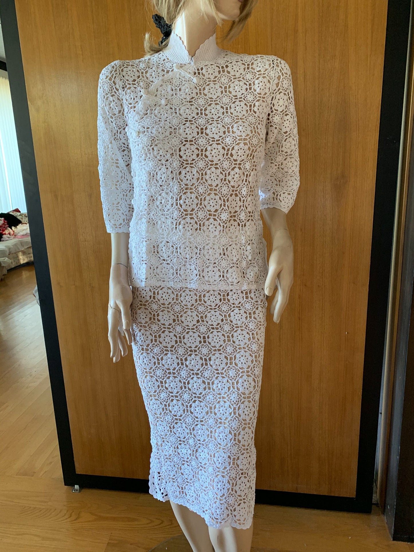 Hand Crocheted Qipao Style Top with 3/4 Length Sleeves and Side Slit