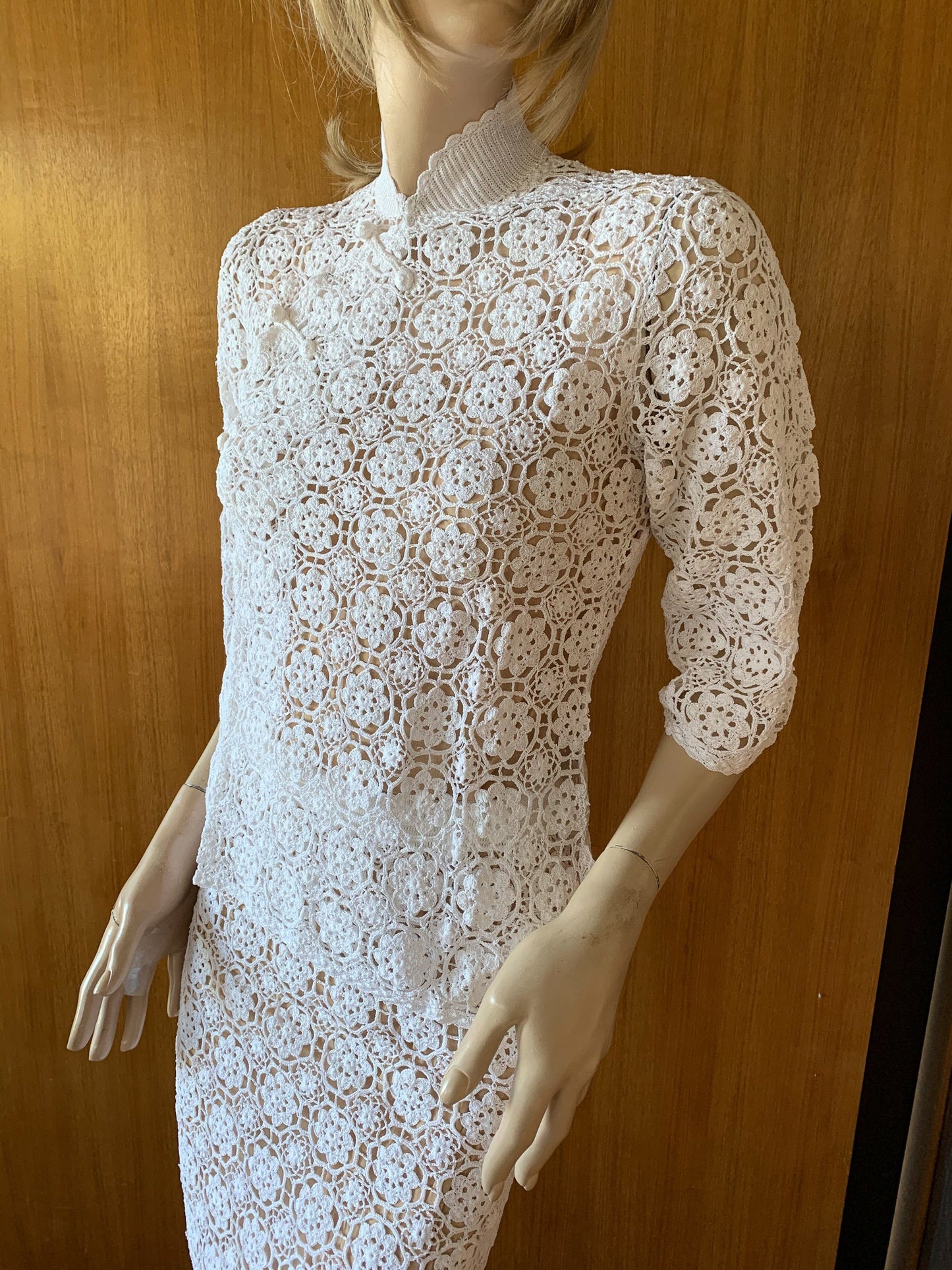 Hand Crocheted Qipao Style Top with 3/4 Length Sleeves and Side Slit