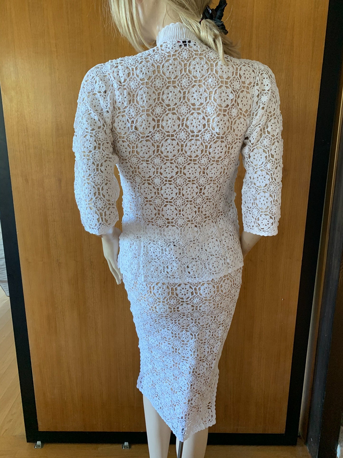 Hand Crocheted Qipao Style Top with 3/4 Length Sleeves and Side Slit