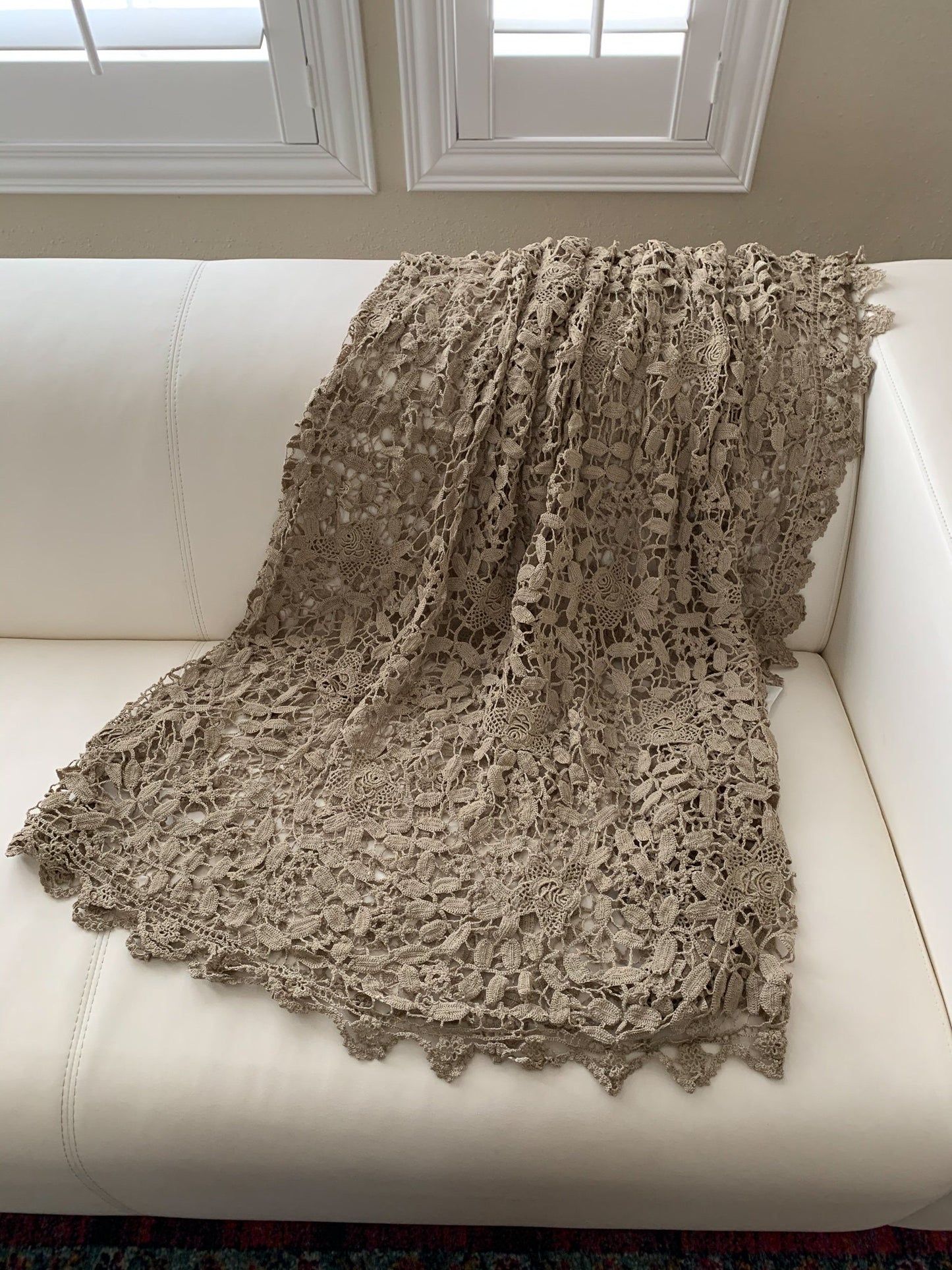 Lim's Vintage All Hand Crochet Throw Blanket 84" x 46" Rectangular Shape, Color Taupe
