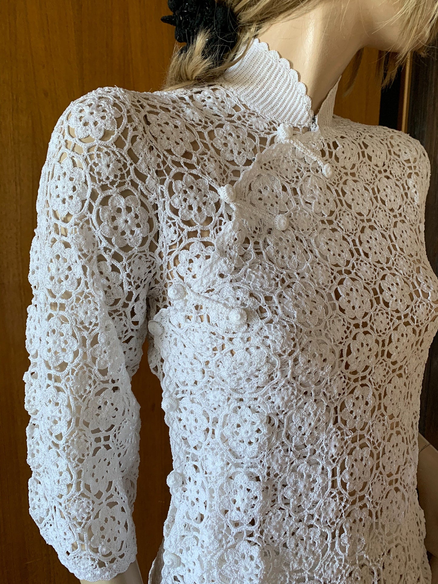 Hand Crocheted Qipao Style Top with 3/4 Length Sleeves and Side Slit