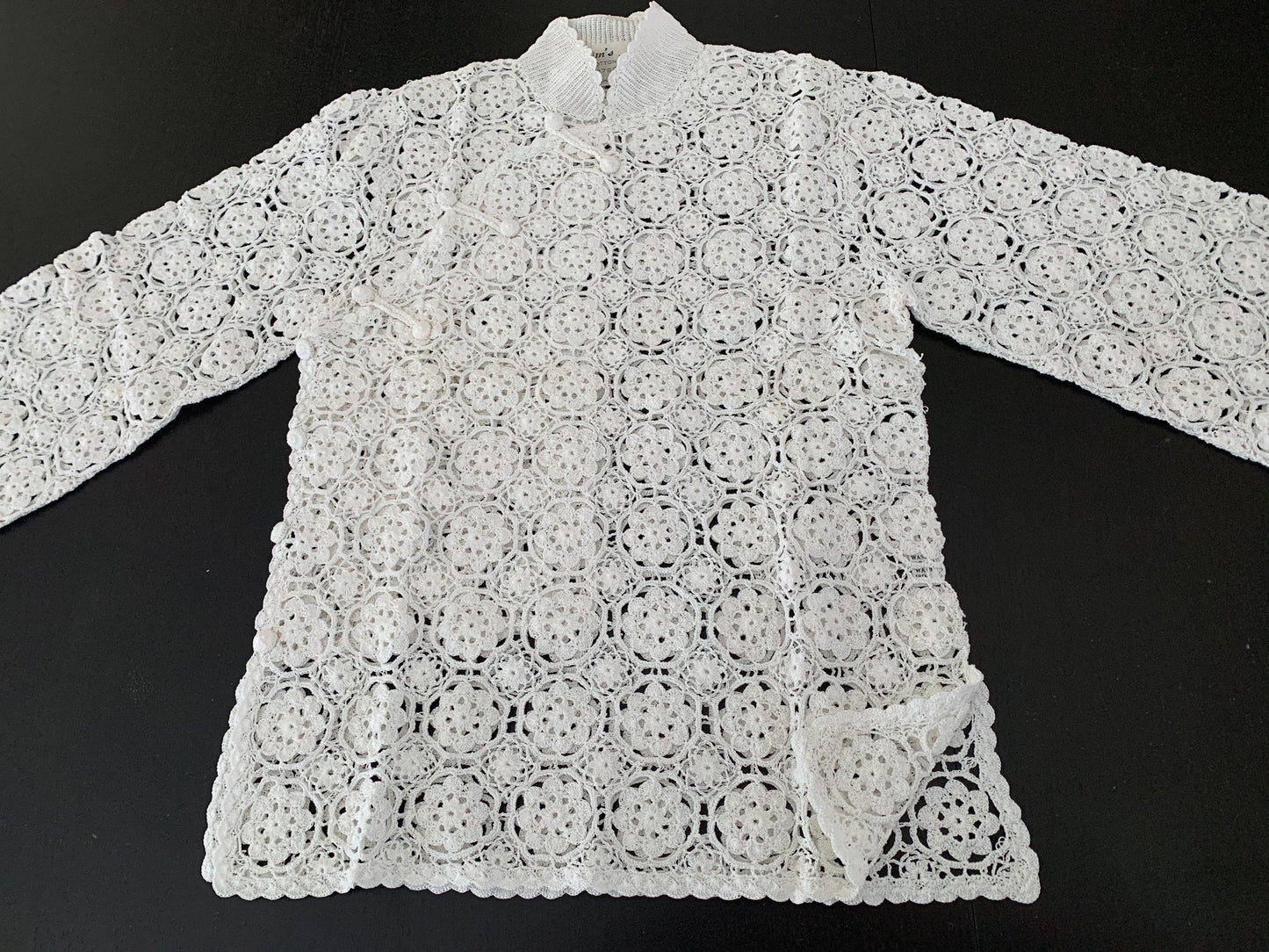 Hand Crocheted Qipao Style Top with 3/4 Length Sleeves and Side Slit