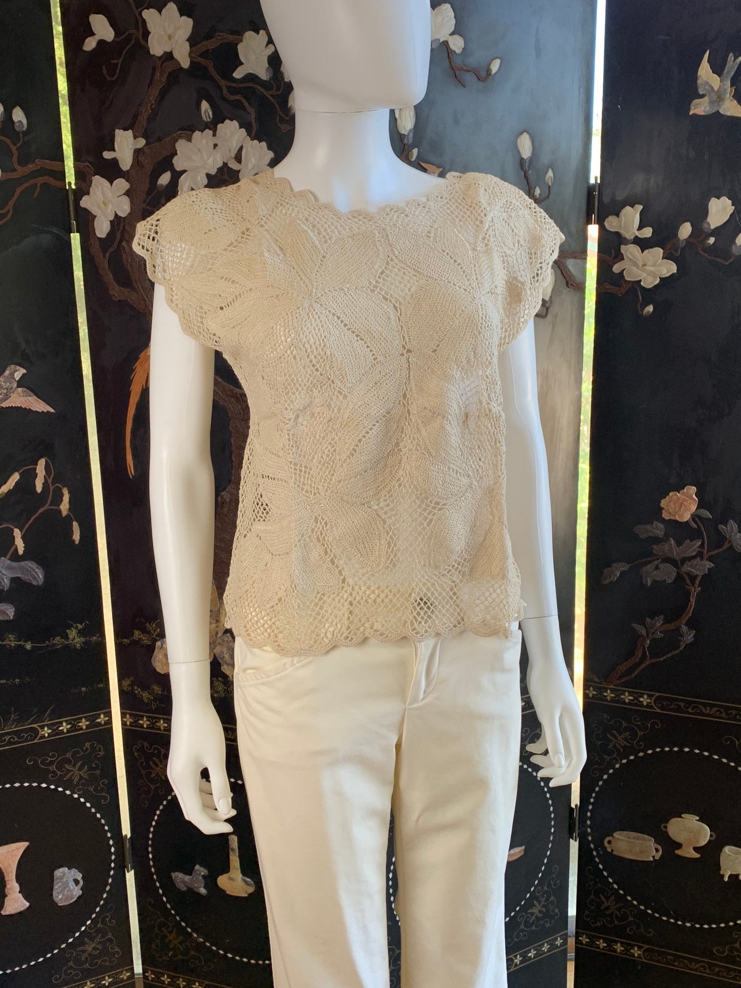 Lim's Vintage All Hand Crochet Drop Shoulder Top Made With Ramie, Color Taupe