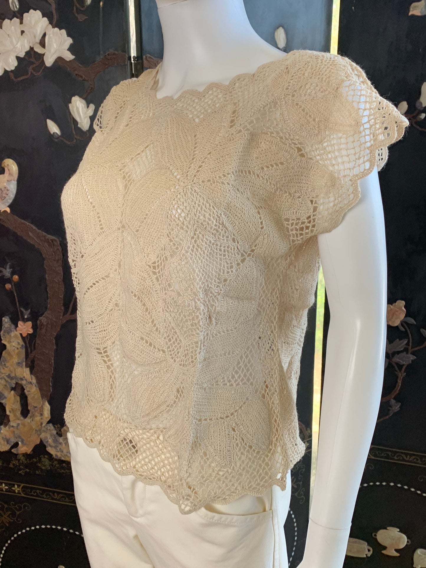 Lim's Vintage All Hand Crochet Drop Shoulder Top Made With Ramie, Color Taupe