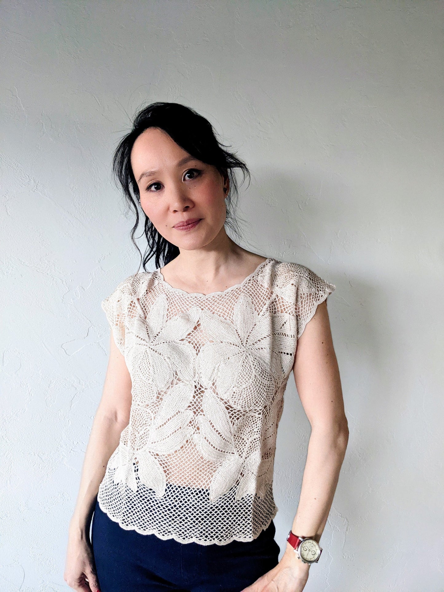 Lim's Vintage All Hand Crochet Drop Shoulder Top, Color Natural