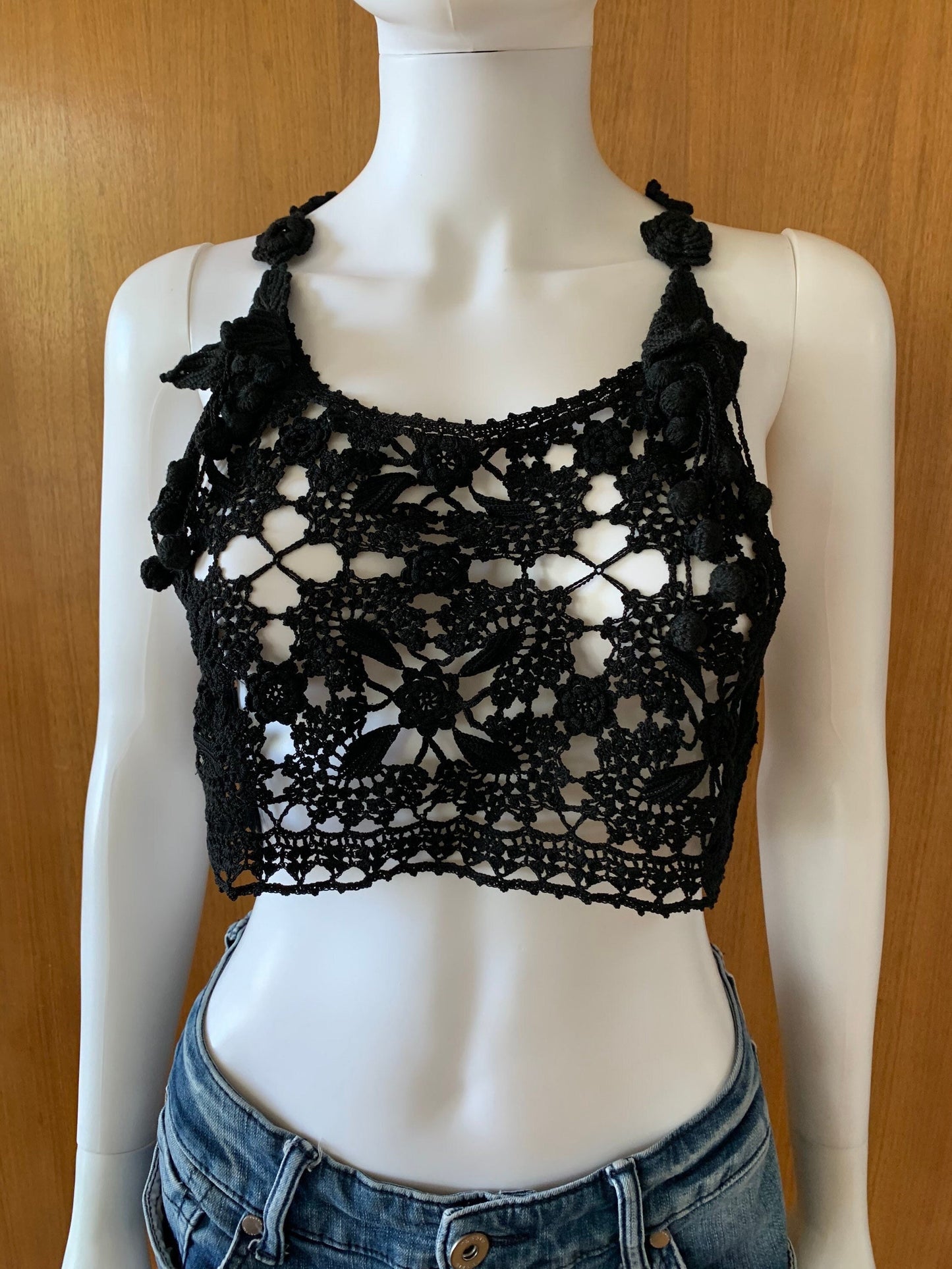 Hand Crocheted Bra Top with Grape Leaf Shoulder Straps