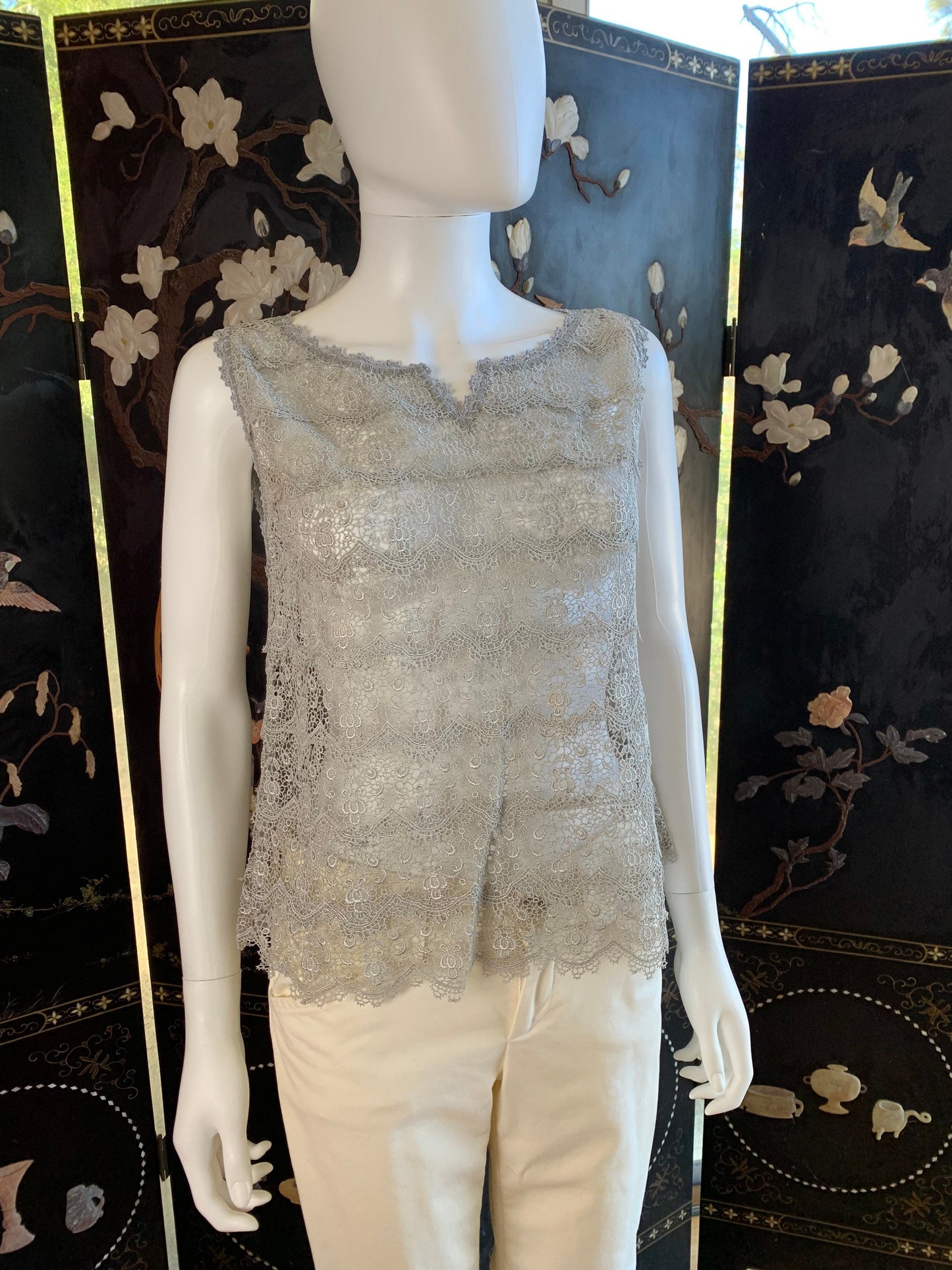 Vintage Lace Tank Top with Neckline Slit and Scalloped Hem