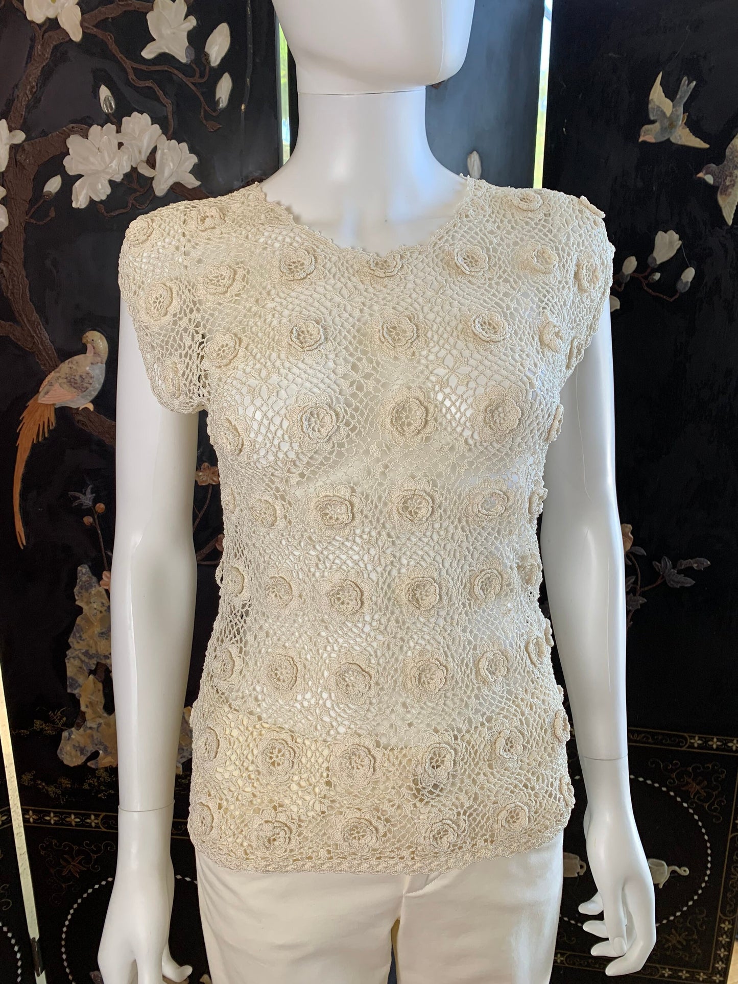All Hand Crochet Cap Sleeve Top, Made With Cotton, Color Natural