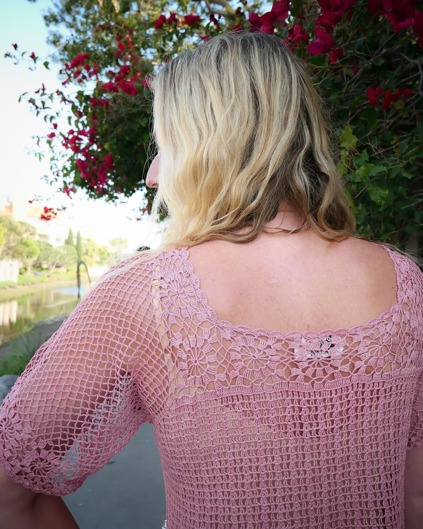 Hand Crocheted Short Sleeve Summer Dress in Rose