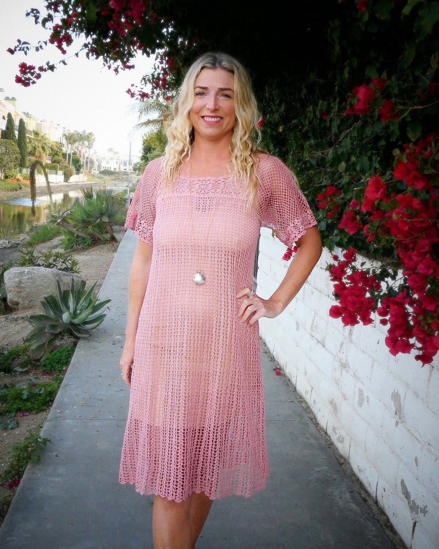 Hand Crocheted Short Sleeve Summer Dress in Rose