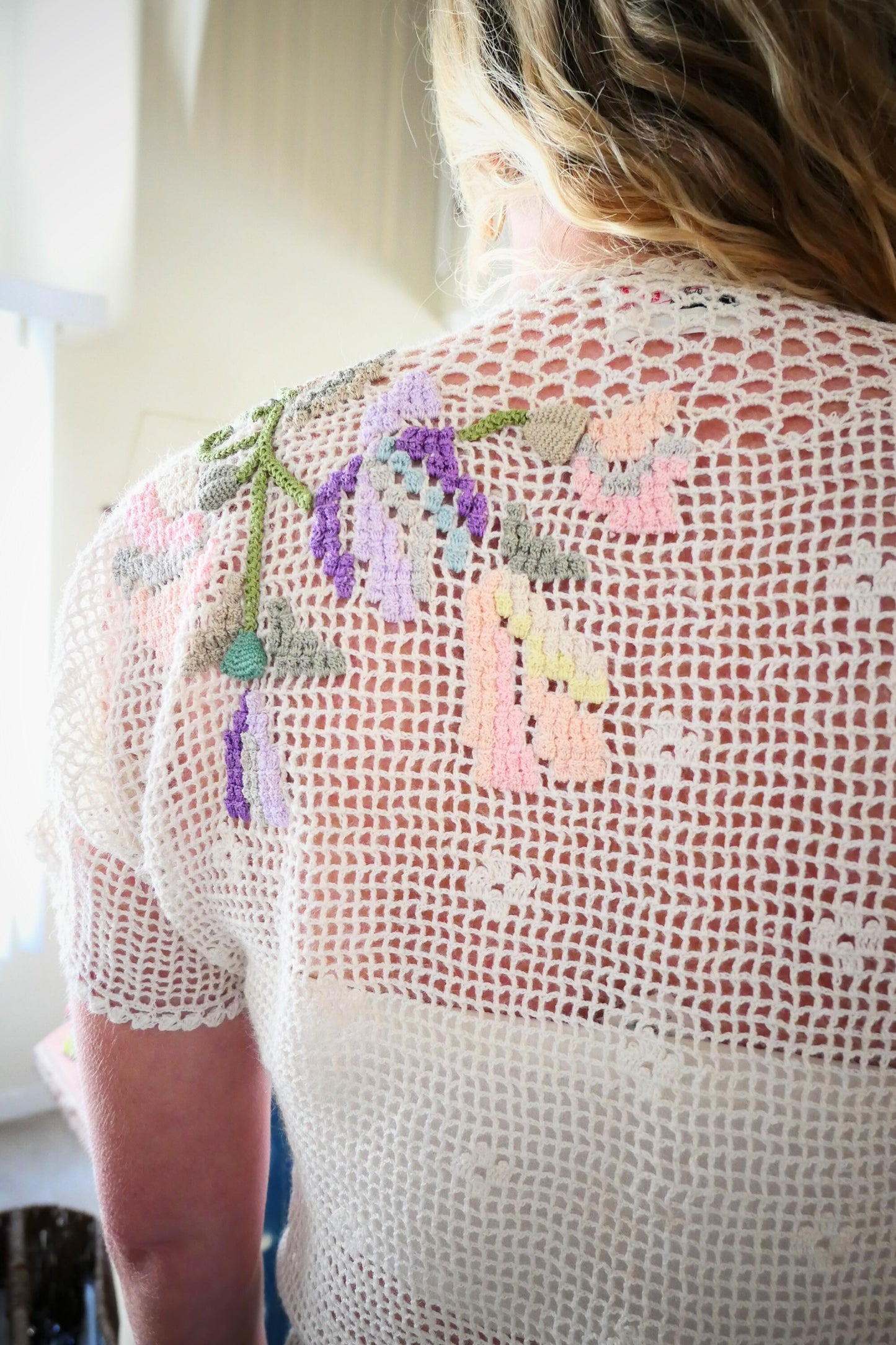 Hand Crocheted Short Sleeve Cardigan with Pastel Flowers