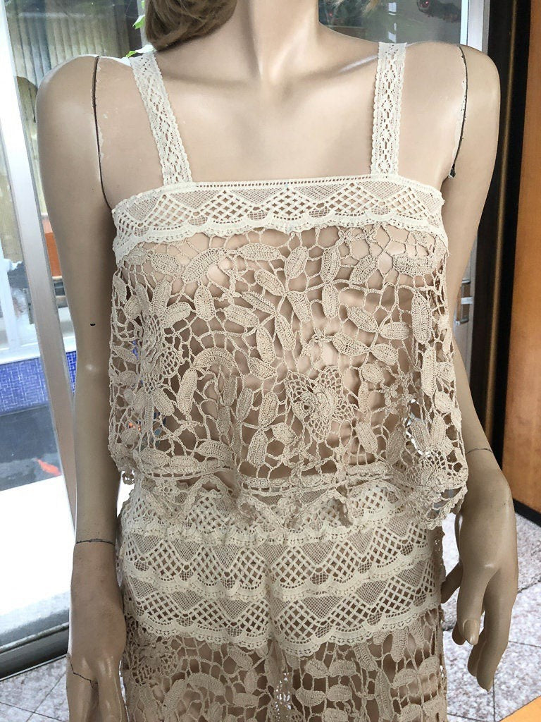 Hand Crocheted and Lace Cover-Up, Crop Top and Mini Skirt Set