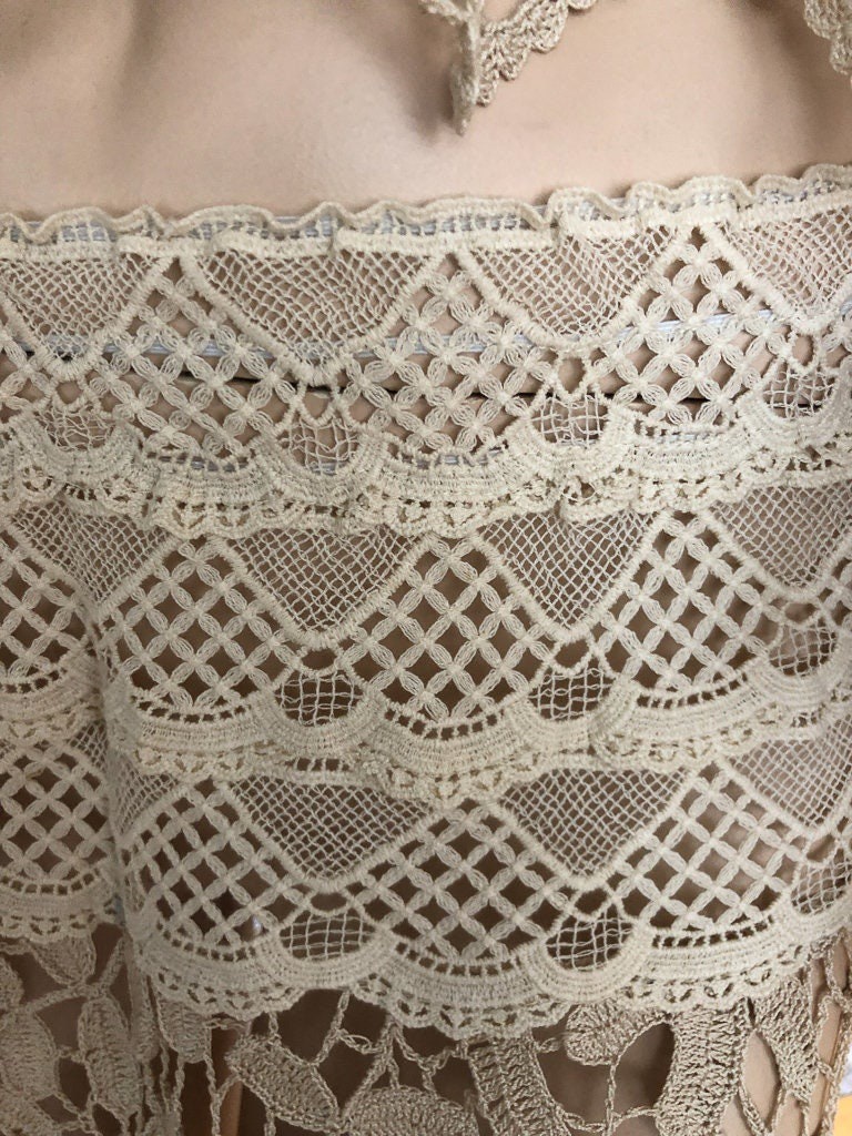 Hand Crocheted and Lace Cover-Up, Crop Top and Mini Skirt Set