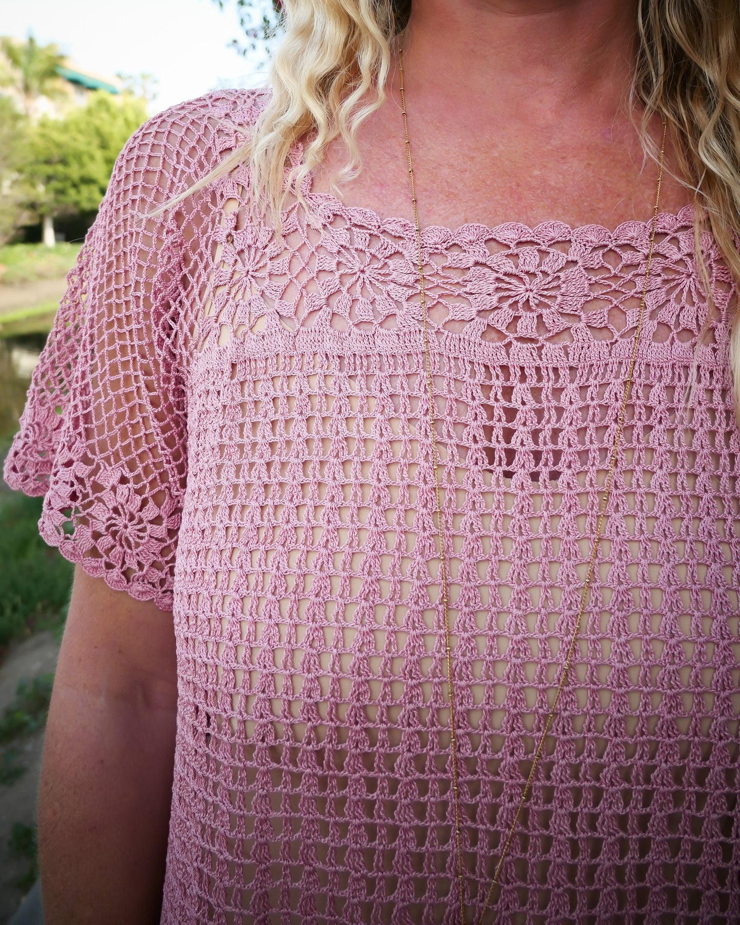Hand Crocheted Short Sleeve Summer Dress in Rose