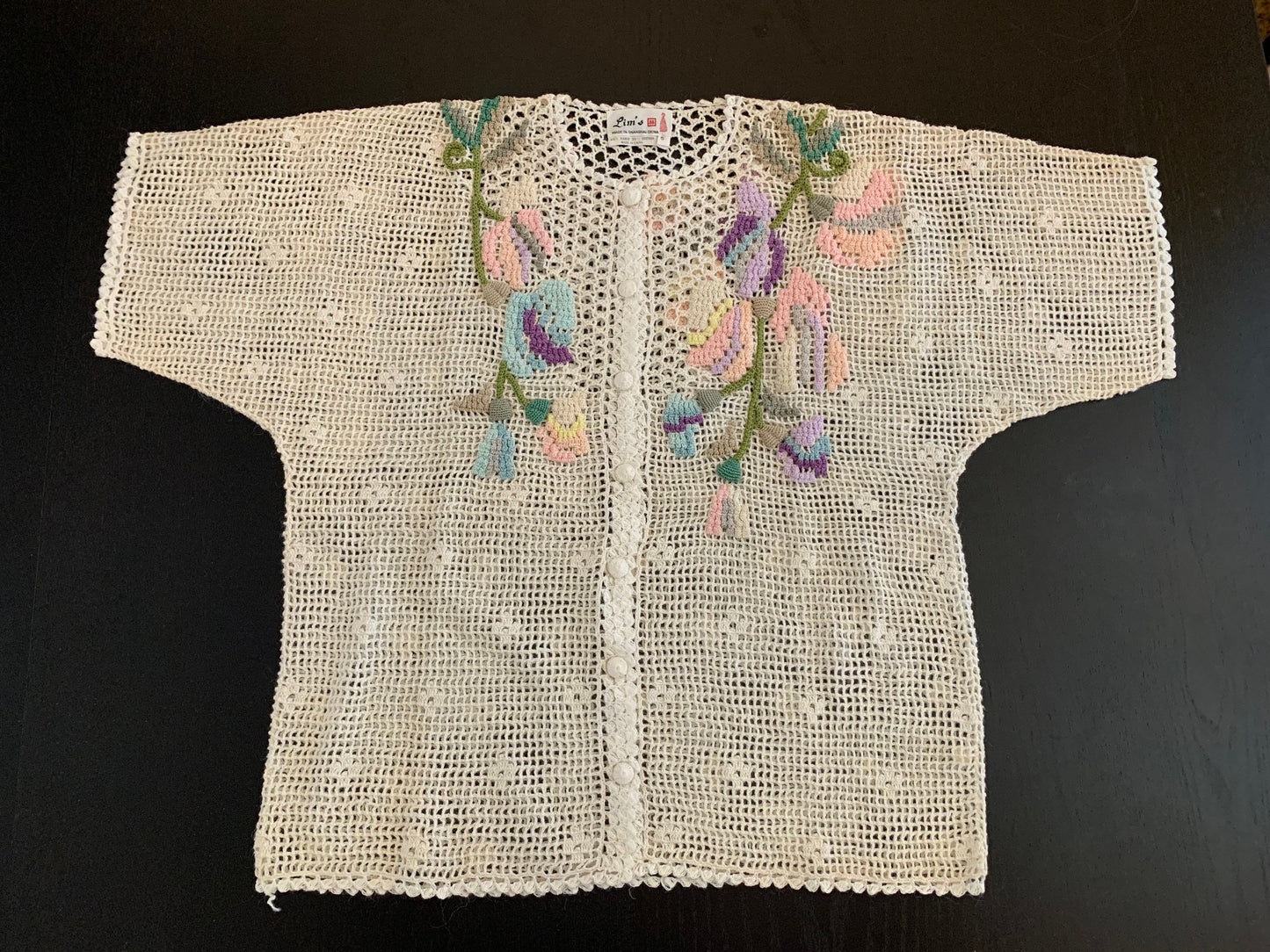 Hand Crocheted Short Sleeve Cardigan with Pastel Flowers