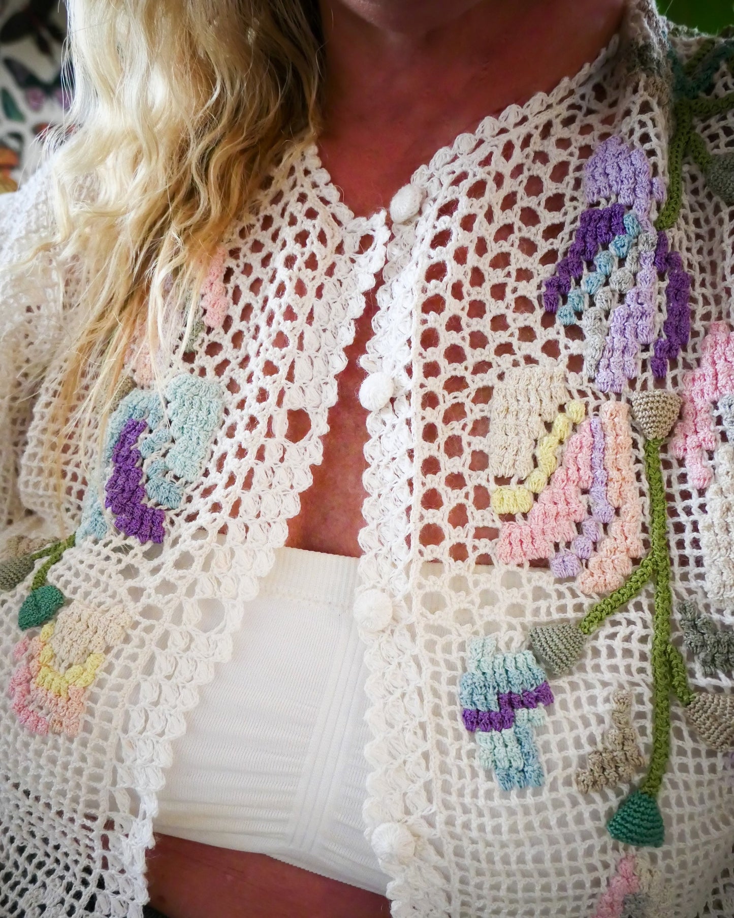 Hand Crocheted Short Sleeve Cardigan with Pastel Flowers