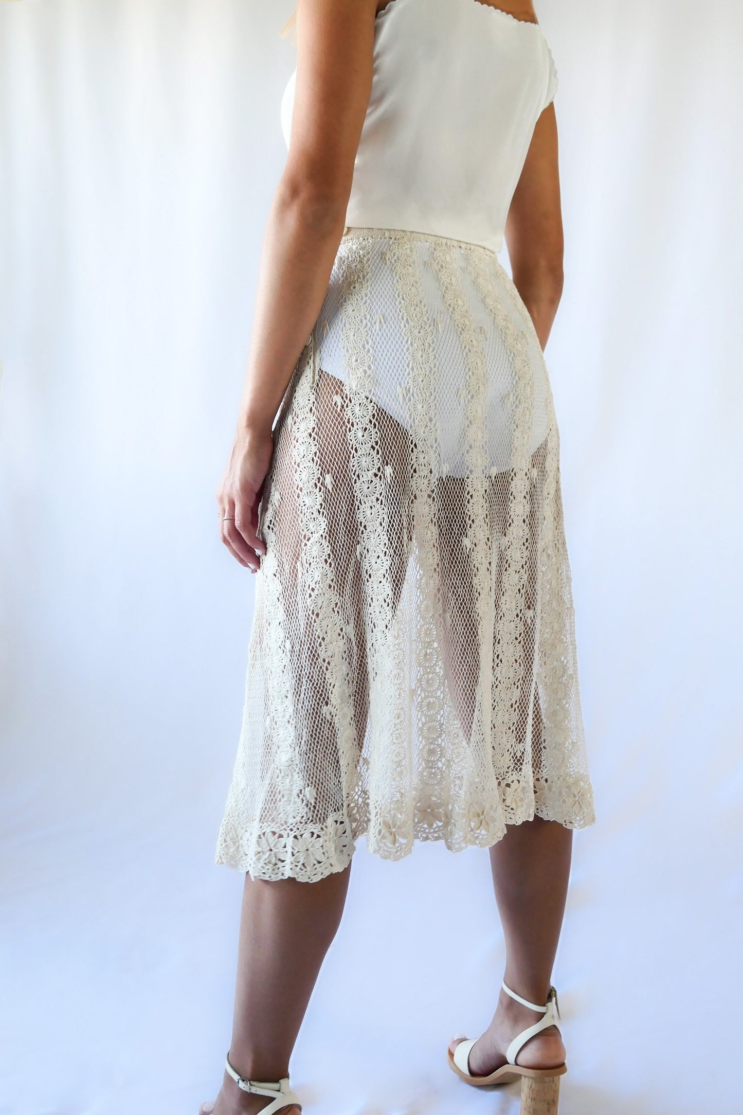Hand Crocheted Sheer Midi Length Skirt with Vertical Stripes and Floral Motif Hem