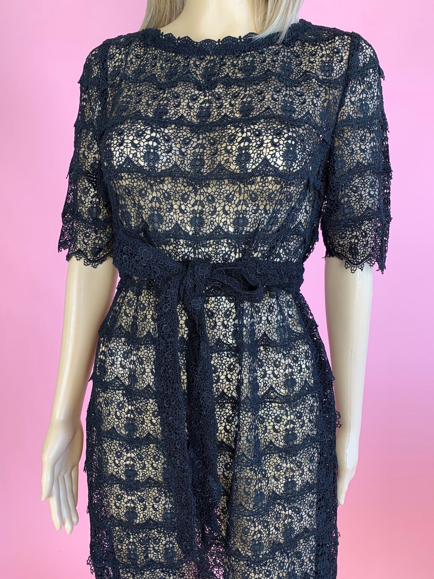 Vintage Lace Half Sleeve Midi Dress with Matching Belt
