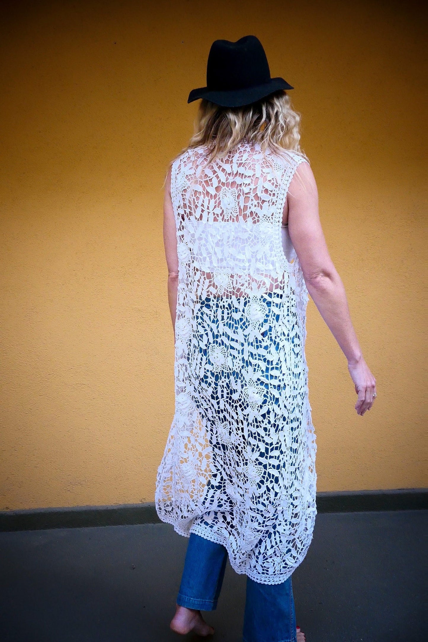 Hand Crocheted Long Vest with Floral and Leaf Design