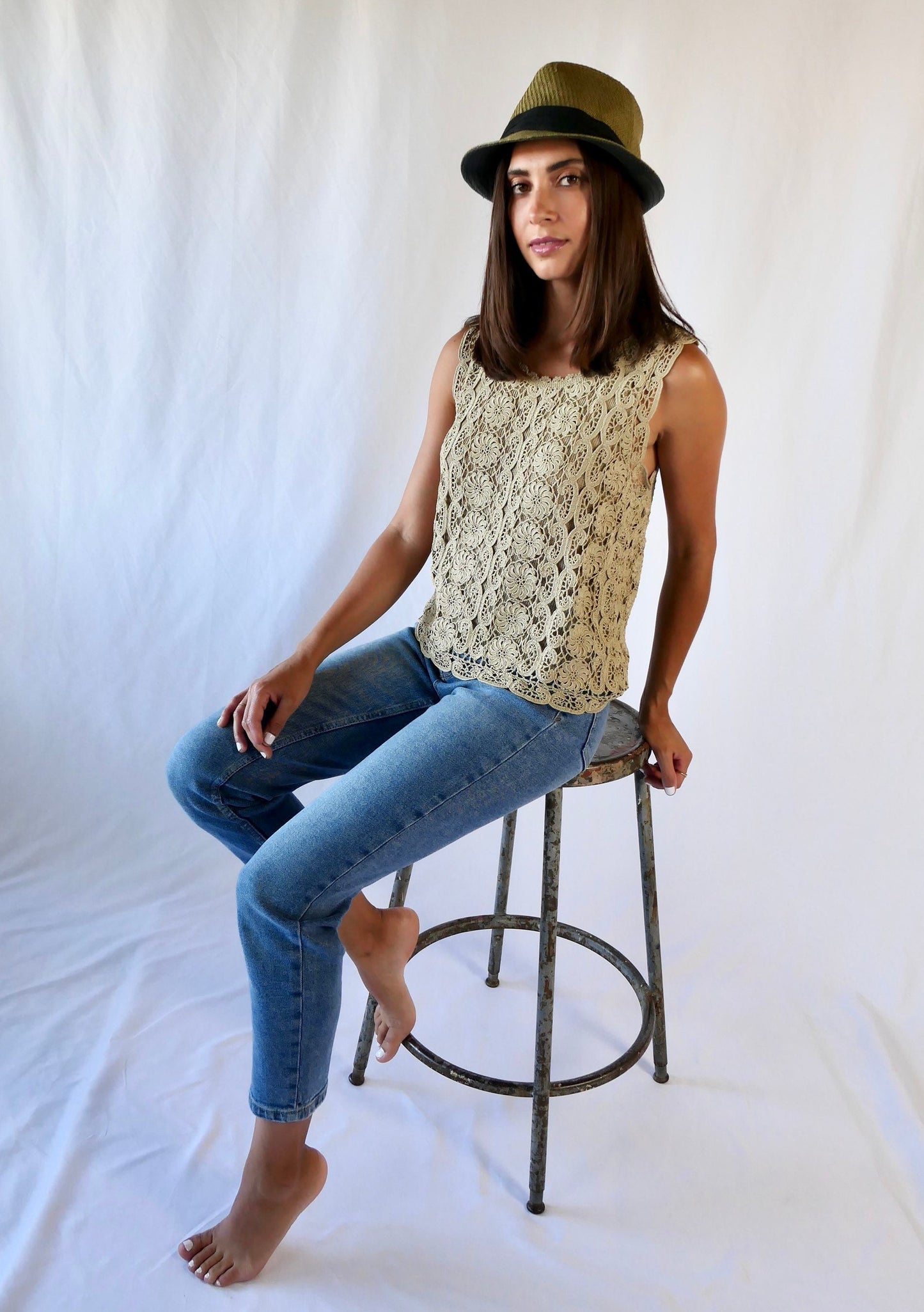 Lim's Vintage All Hand Crochet Cotton Lined Tank-top, Color Taupe