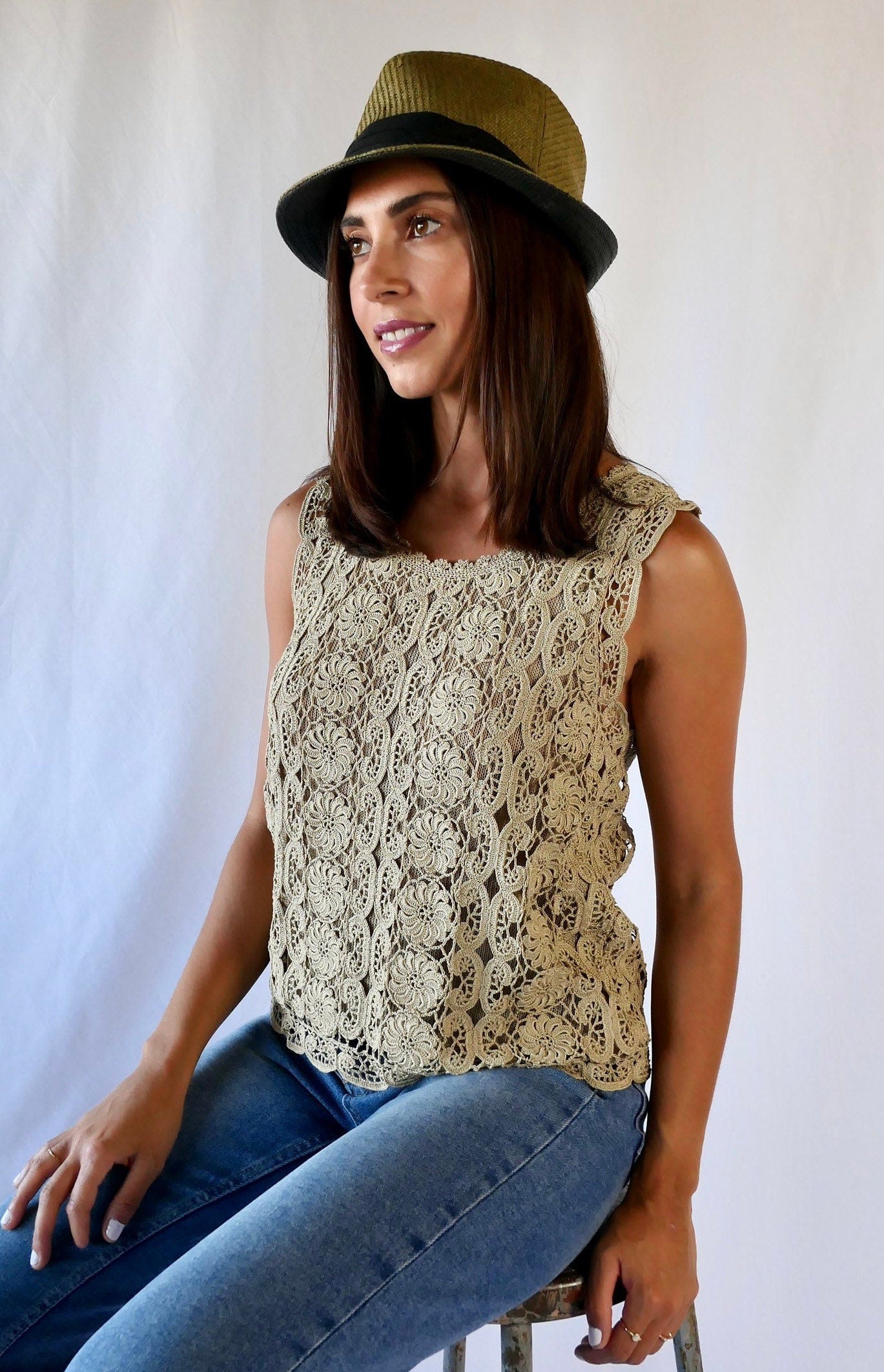 Lim's Vintage All Hand Crochet Cotton Lined Tank-top, Color Taupe